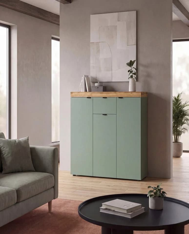 OTTO HOME Highboard MAMBO II 105cm 3 Türen 1 Schublade Smoke Green Eiche