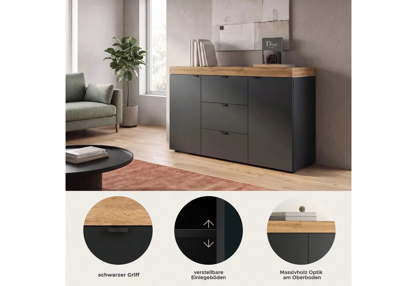 OTTO home Sideboard MAMBO II 125 cm Schwarz/Weiß Modern - Bild 3