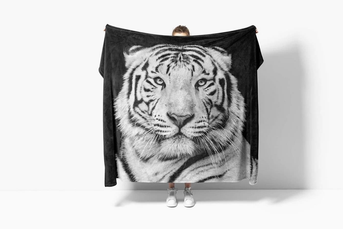 Sinus Art Handtuch mit weißem Tiger Motiv, Polyester-Baumwolle Mix