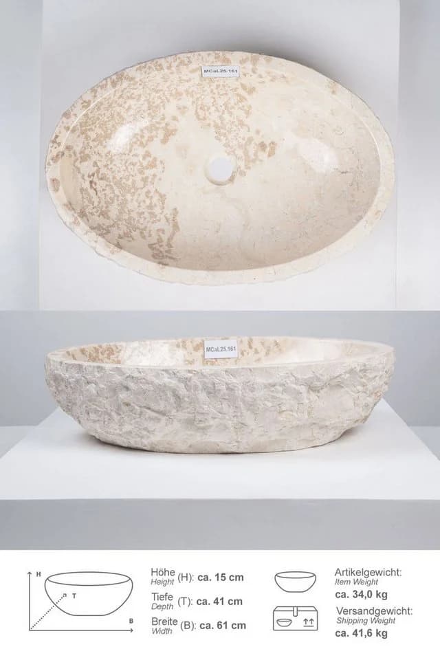 wohnfreuden Aufsatzwaschbecken Erosi Marmor 60 cm Creme Oval