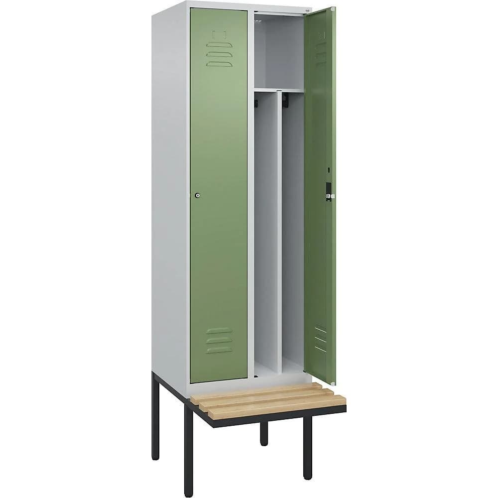 C+P Schwarz-Weiß-Spind Classic PLUS Sitzbank 2 Abteile lichtgrau/resedagrün