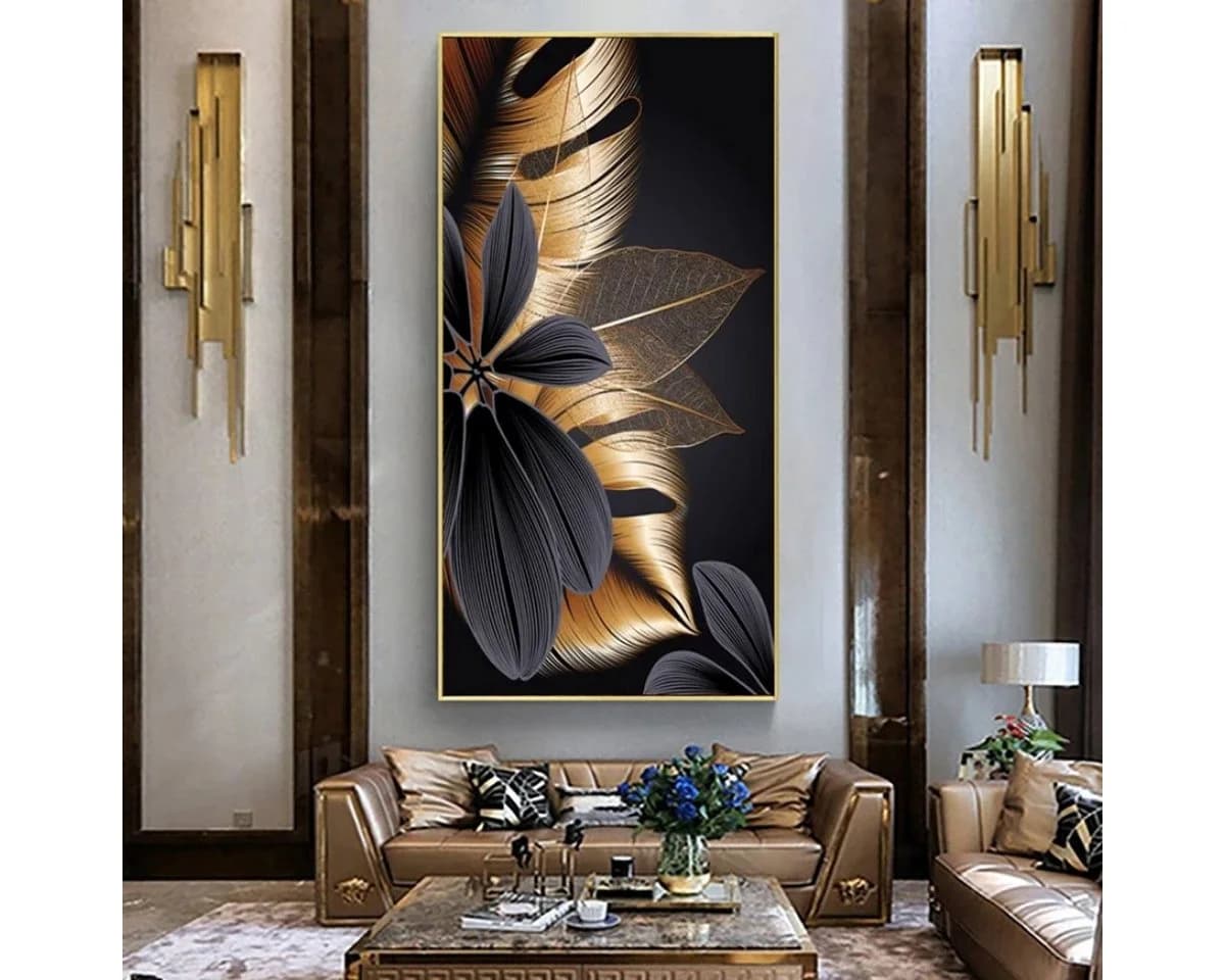 TPFLiving Leinwand-Kunstdruck 3er-Set Goldene Blätter Ohne Rahmen - Bild 3