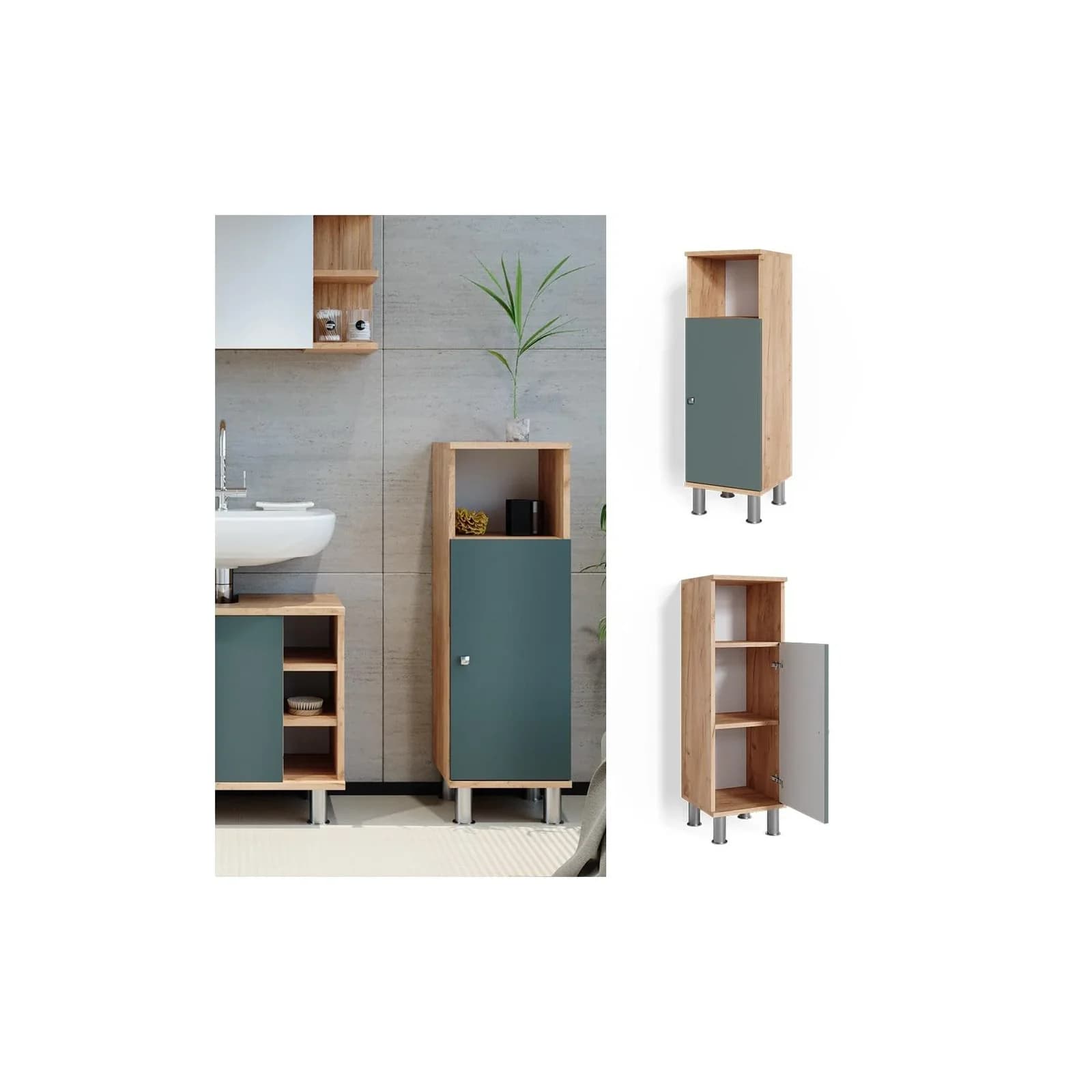 Vicco Midischrank Fynn Grün/Goldkraft Eiche Moderner Badschrank