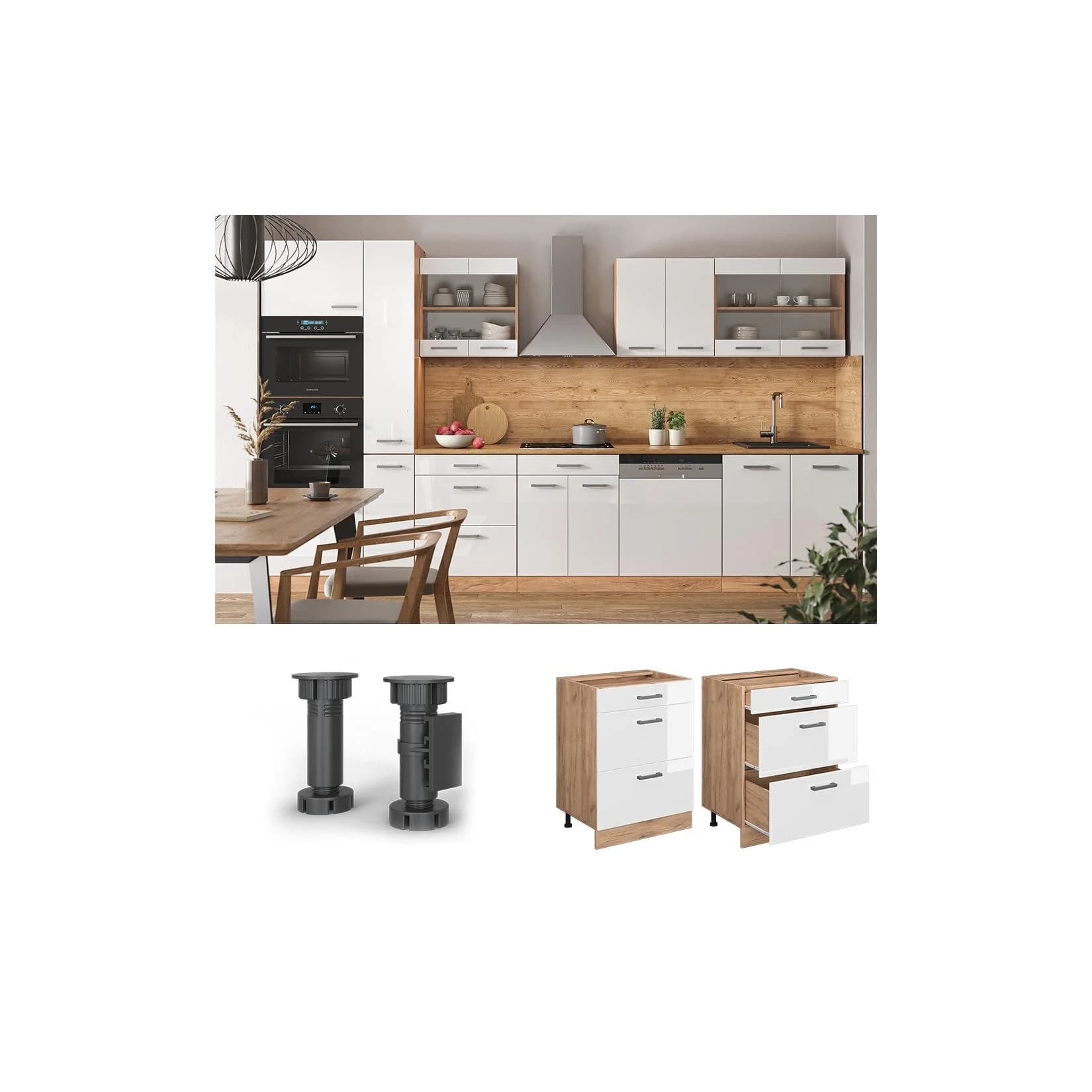 Vicco Unterschrank R-Line Weiß Hochglanz Eiche 60cm Schubladen