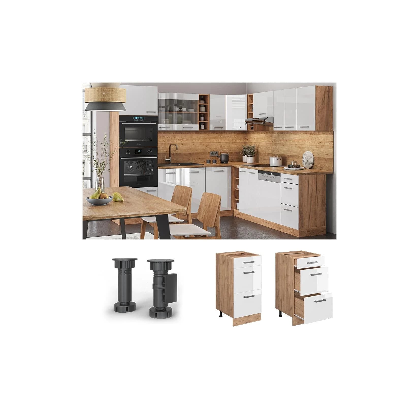 Vicco Unterschrank R-Line Weiß Hochglanz Eiche 40cm Schubladen