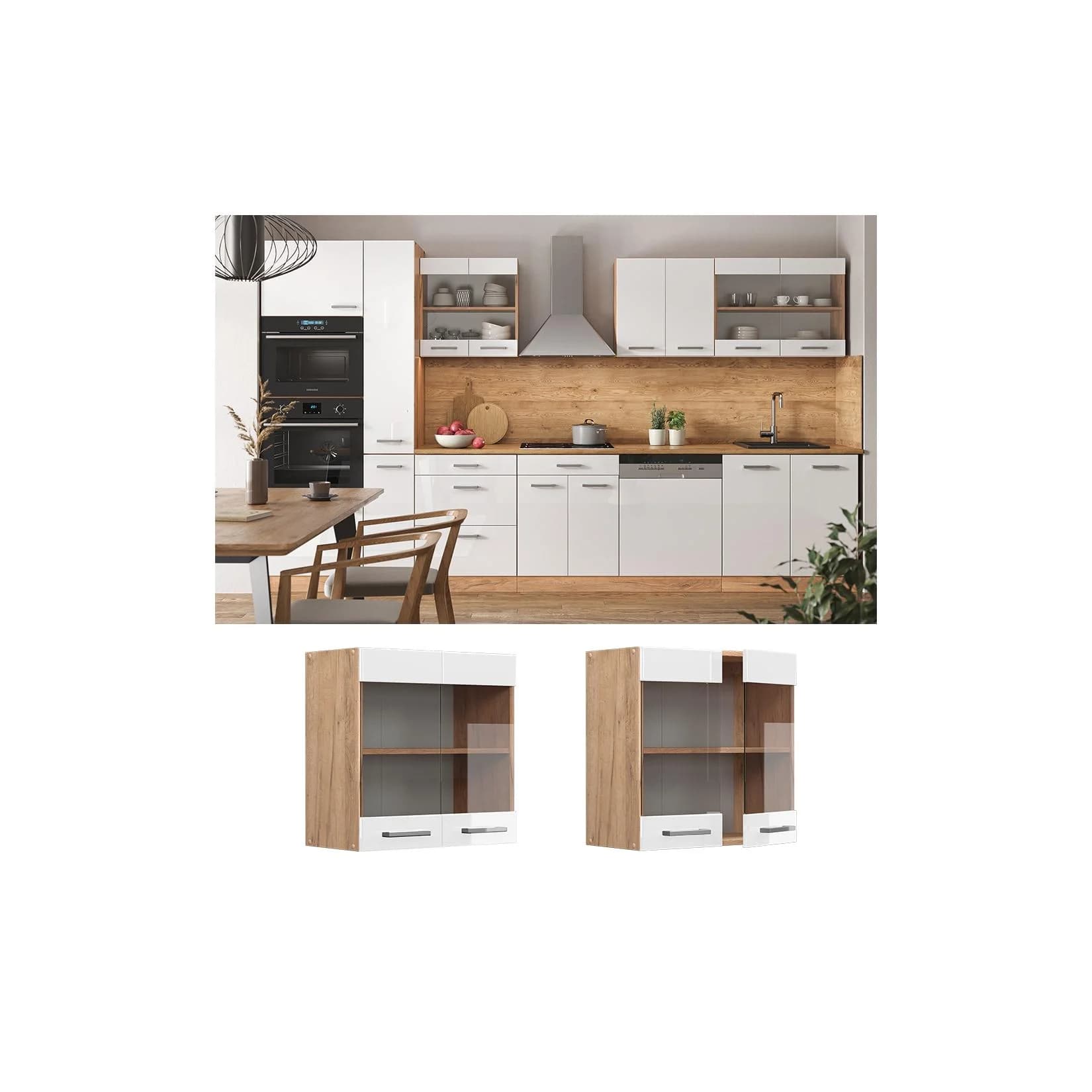 Vicco Glashängeschrank R-Line Weiß Hochglanz Goldkraft Eiche