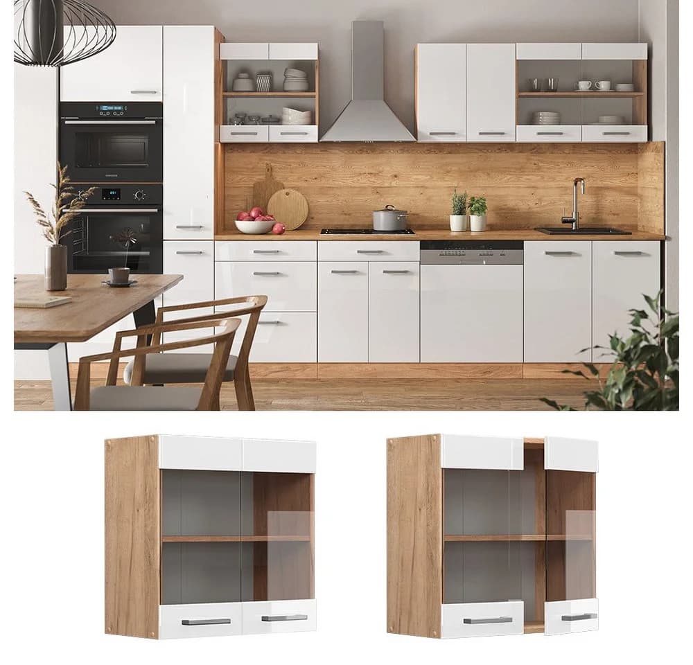 Vicco Glashängeschrank R-Line Weiß Hochglanz Goldkraft Eiche - Bild 2
