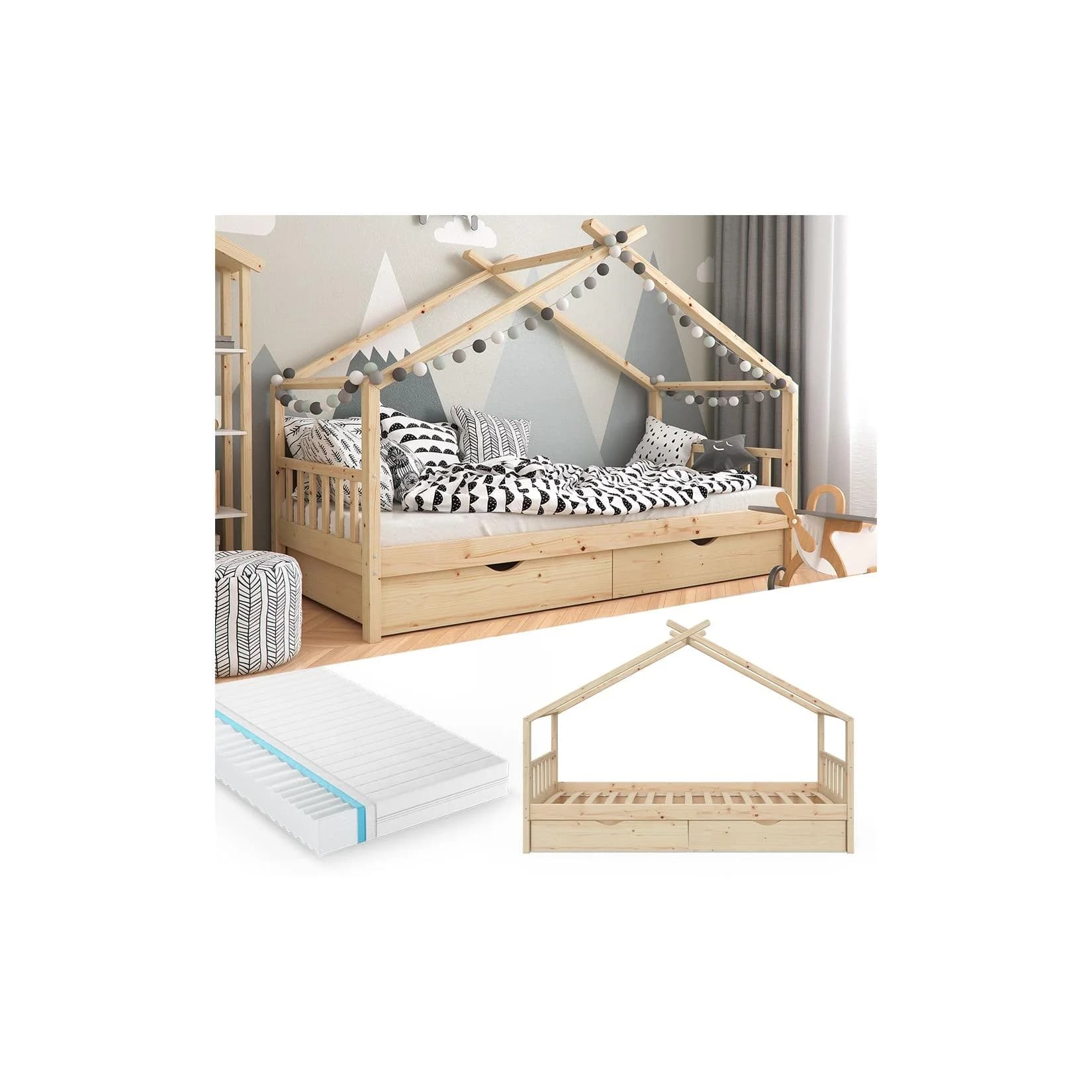 VitaliSpa Kinderbett Hausbett Design Natur Lattenrost Matratze