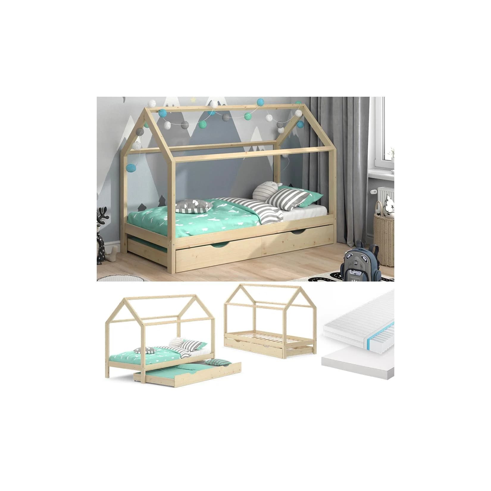 VitaliSpa Kinderbett Hausbett Wiki Natur mit Schublade