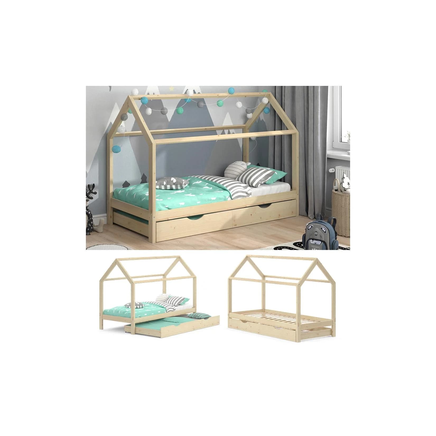 VitaliSpa Kinderbett Hausbett Wiki Natur mit Schublade und Lattenrost