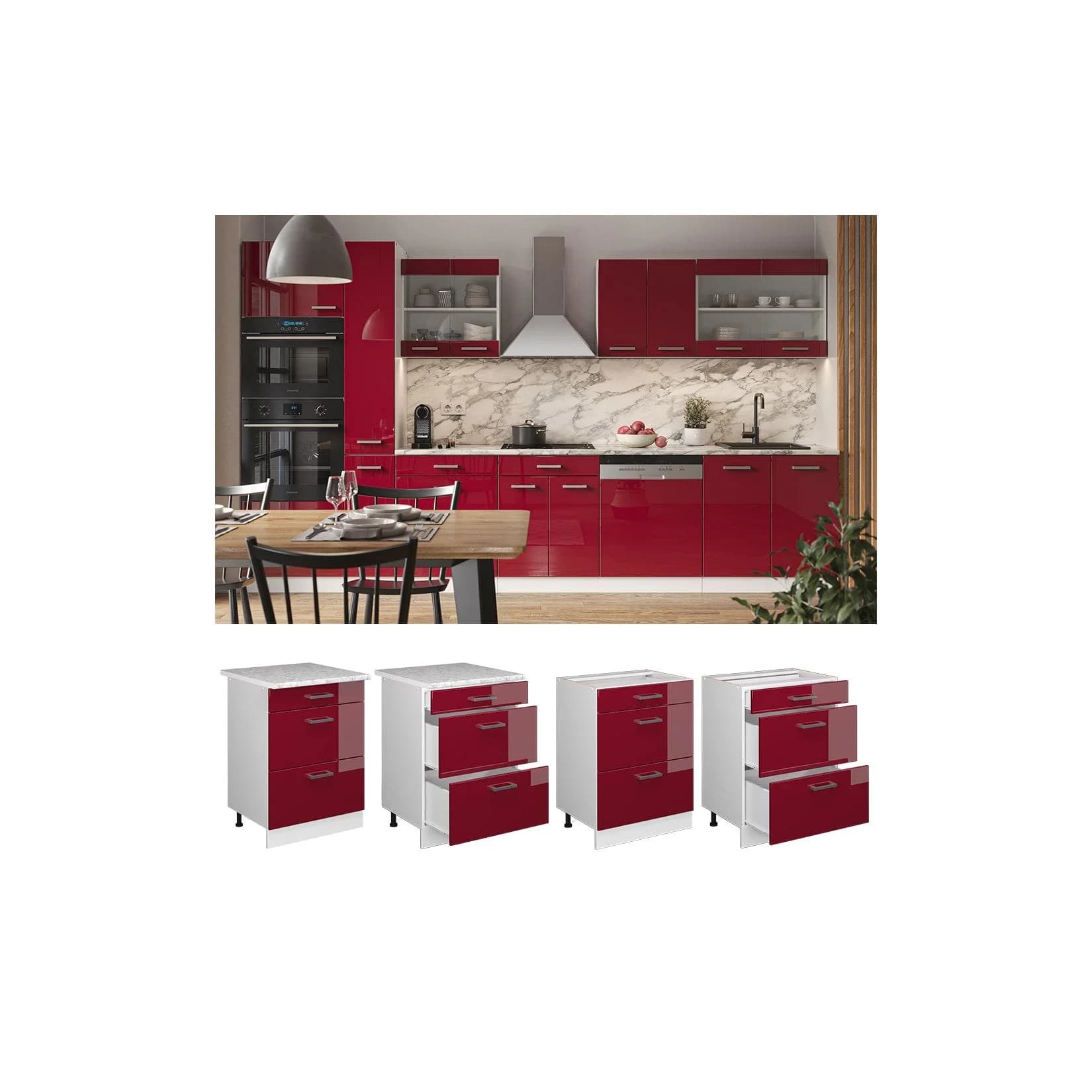 Vicco Unterschrank R-Line Rot Hochglanz Weiß 60 cm Schubladen