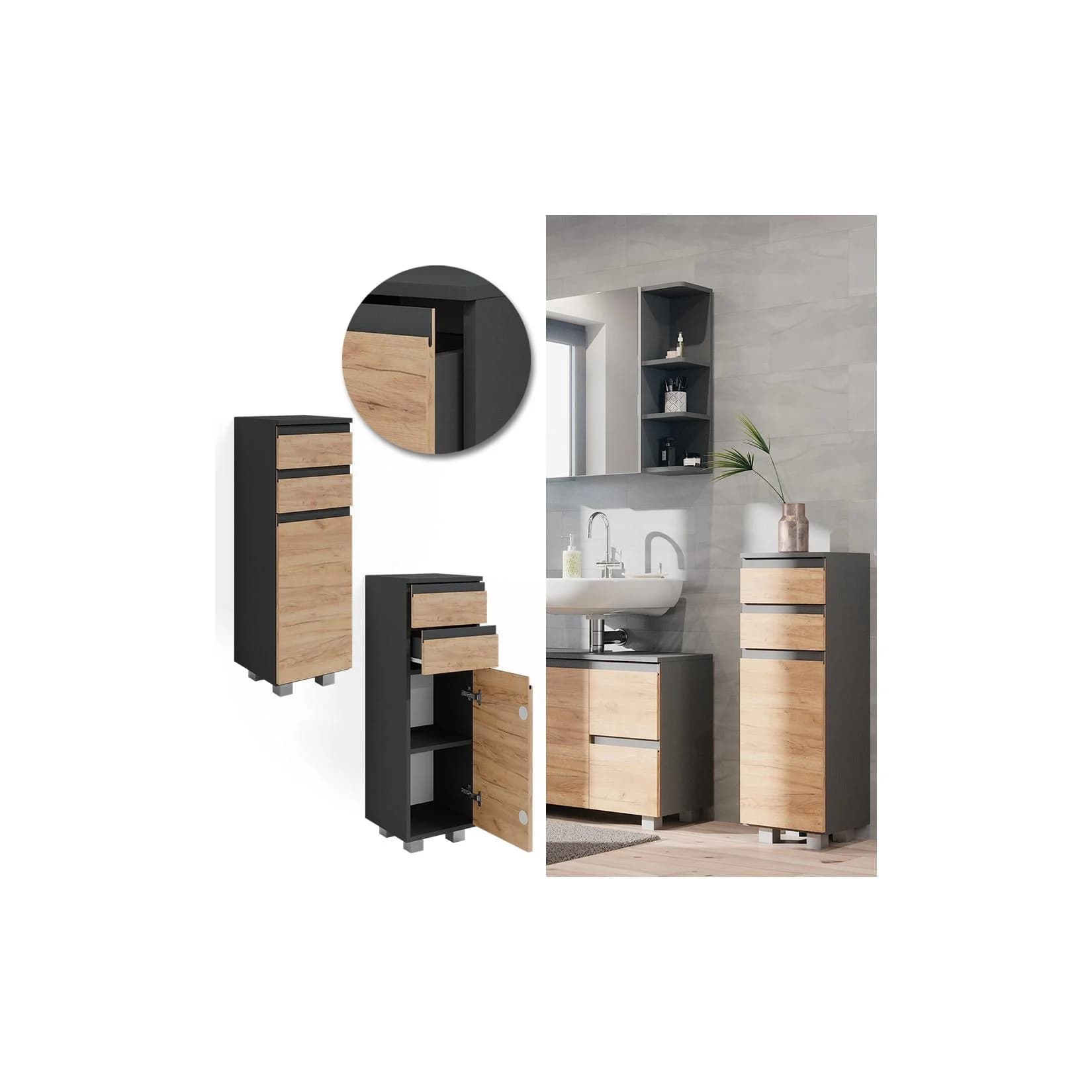 Vicco Midischrank Badschrank Anthrazit Eiche Modern J-Shape