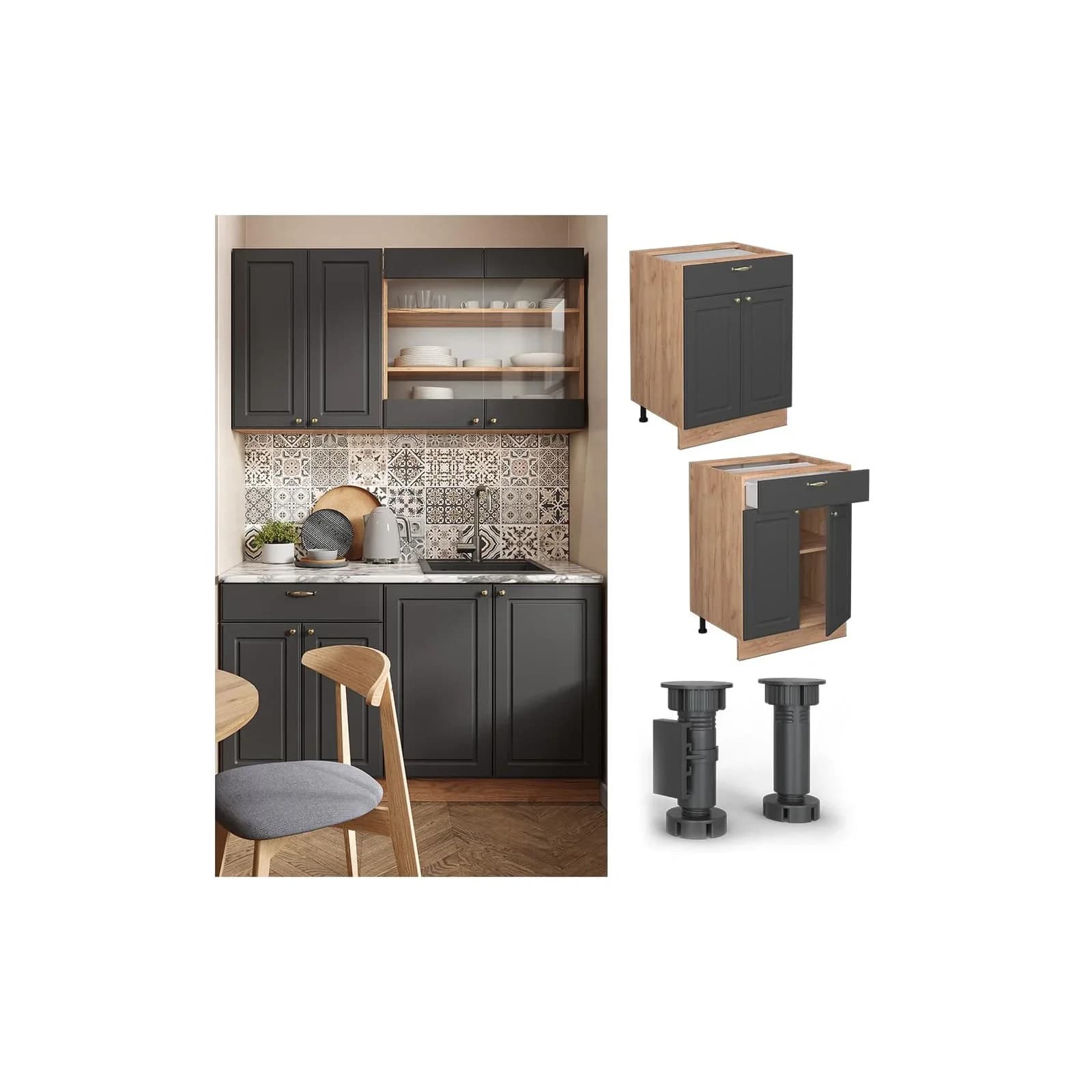 Vicco Schubunterschrank Fame-Line Eiche Anthrazit-Gold Landhaus 60 cm