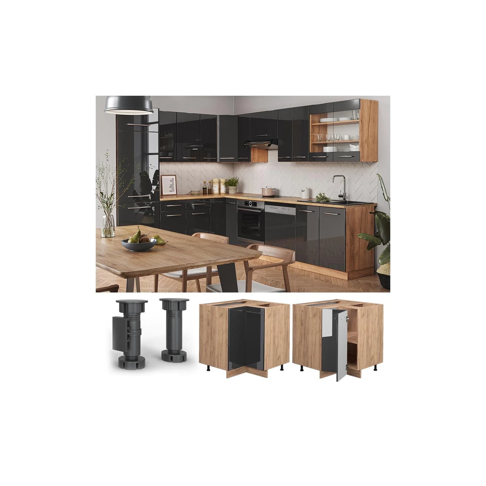 Vicco Eckunterschrank Küche 87 cm Eiche Anthrazit Hochglanz