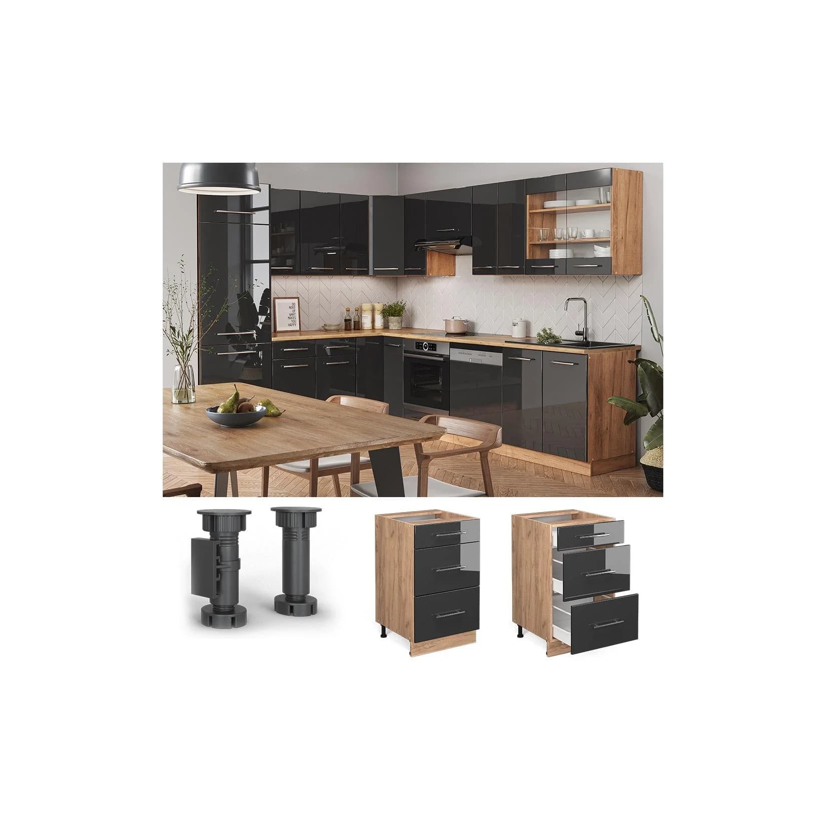 Vicco Schubunterschrank 50 cm Eiche Anthrazit Hochglanz Drehtür
