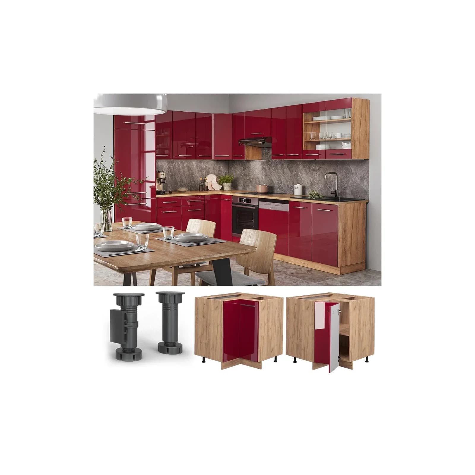 Vicco Eckunterschrank Fame-Line Eiche Rot Bordeaux Hochglanz