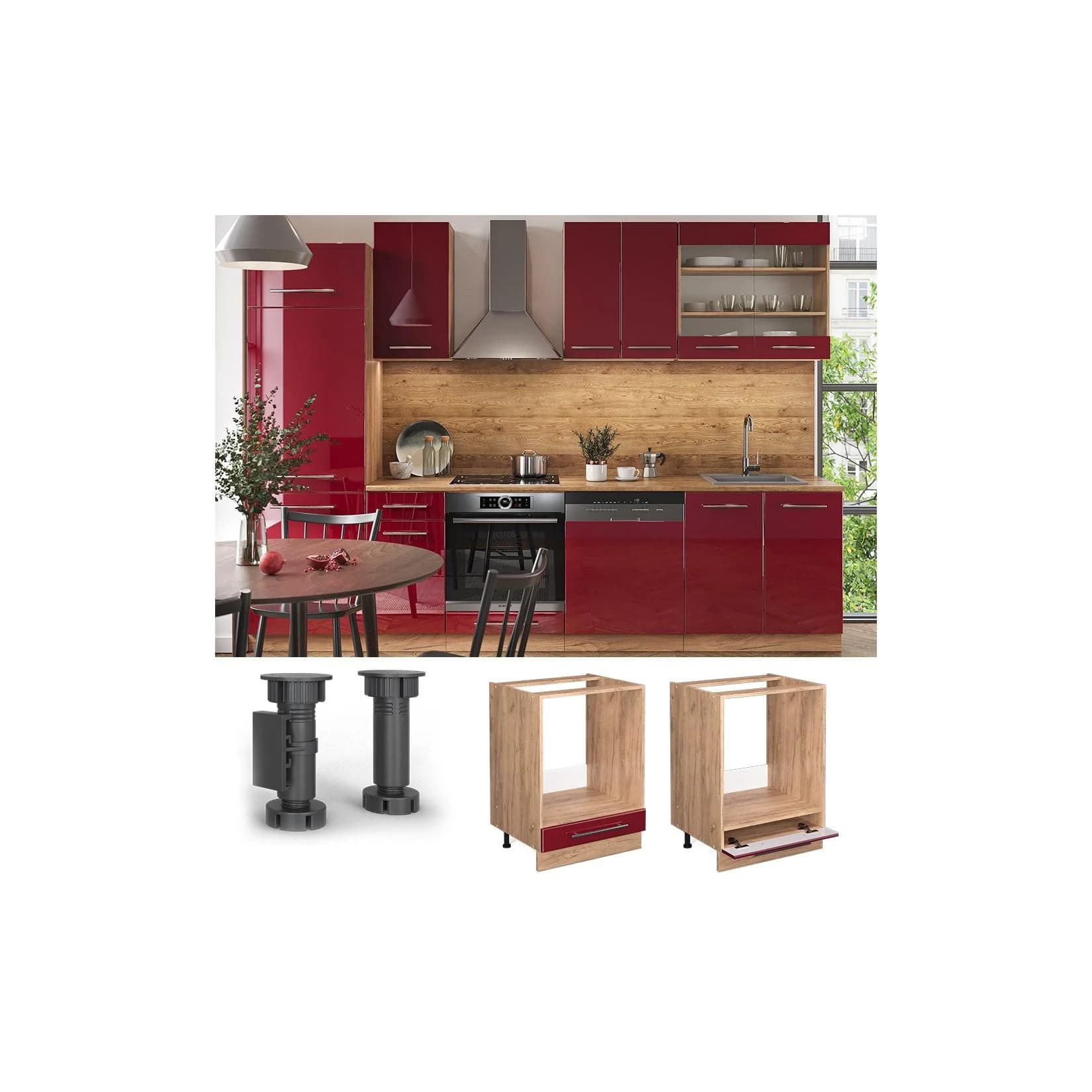 Vicco Herdumbauschrank 60 cm Eiche Rot Bordeaux Hochglanz Fame-Line