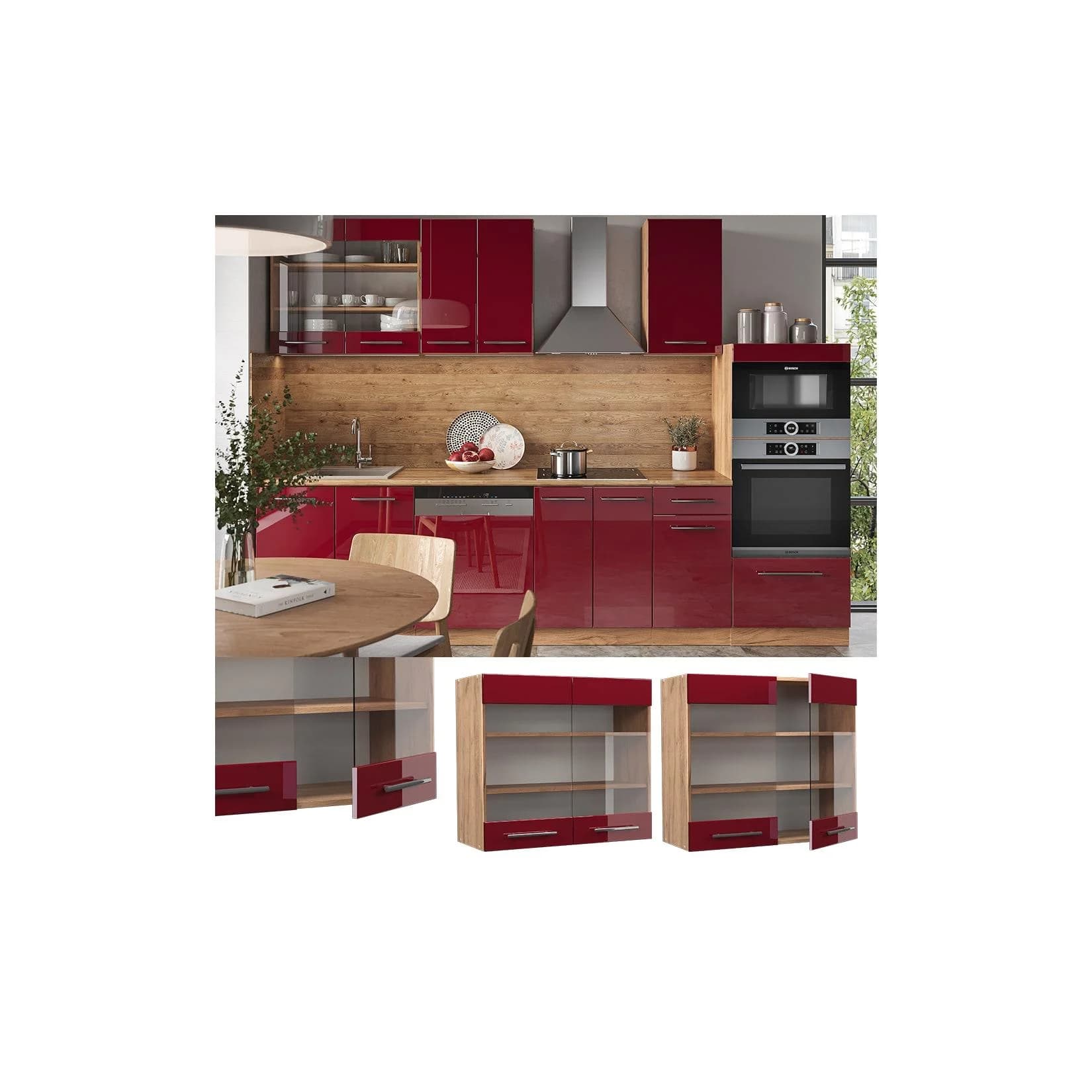 Vicco Hängeglasschrank Fame-Line Eiche Rot Bordeaux Hochglanz 80 cm