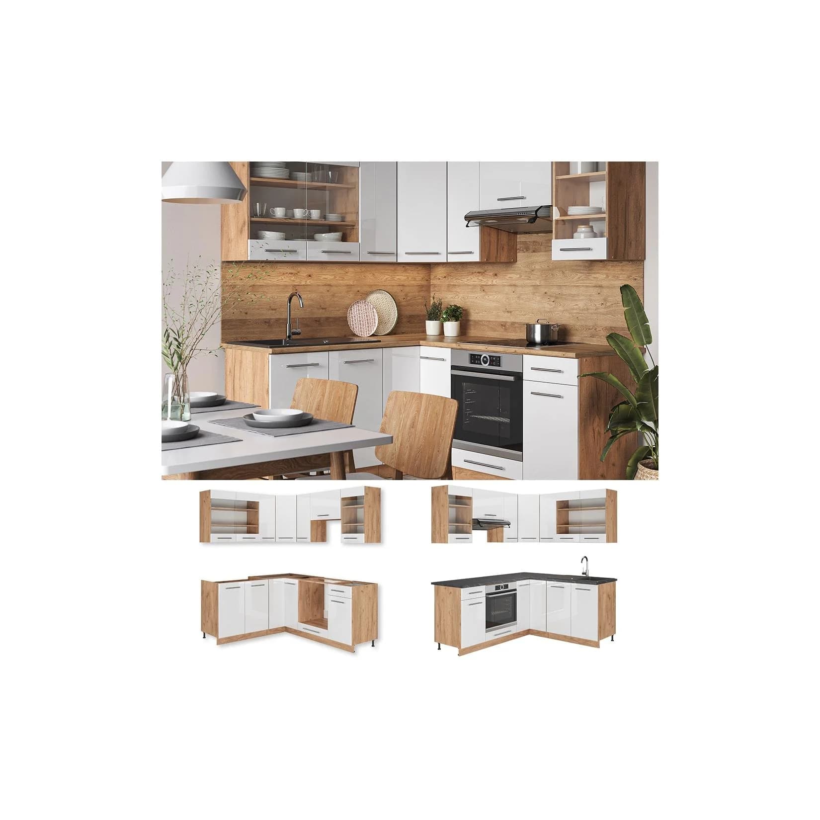 Vicco Eckküche Fame-Line Eiche Weiß 190 cm Hochglanz