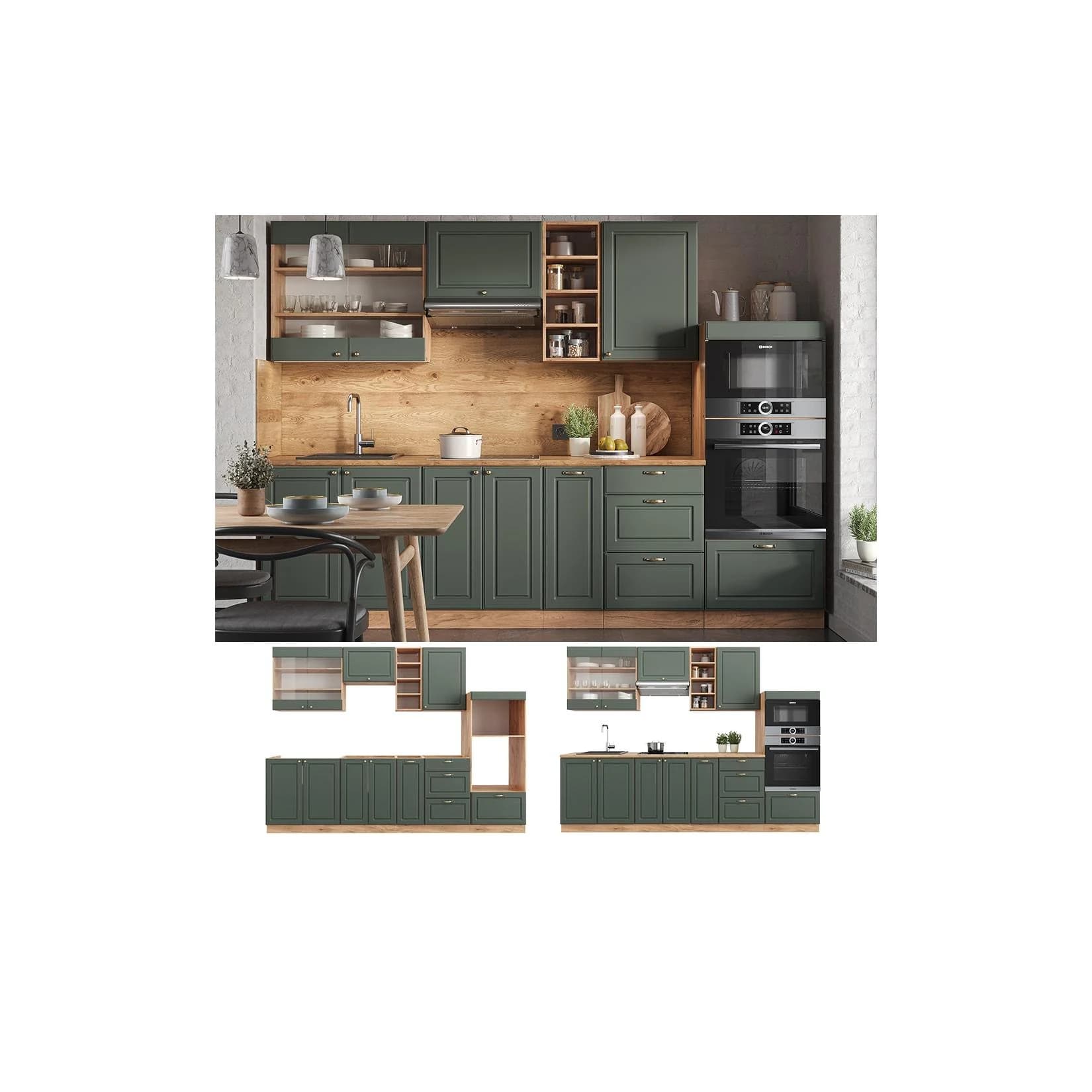 Vicco Küchenzeile Fame-Line Landhaus Eiche Grün Gold 280 cm