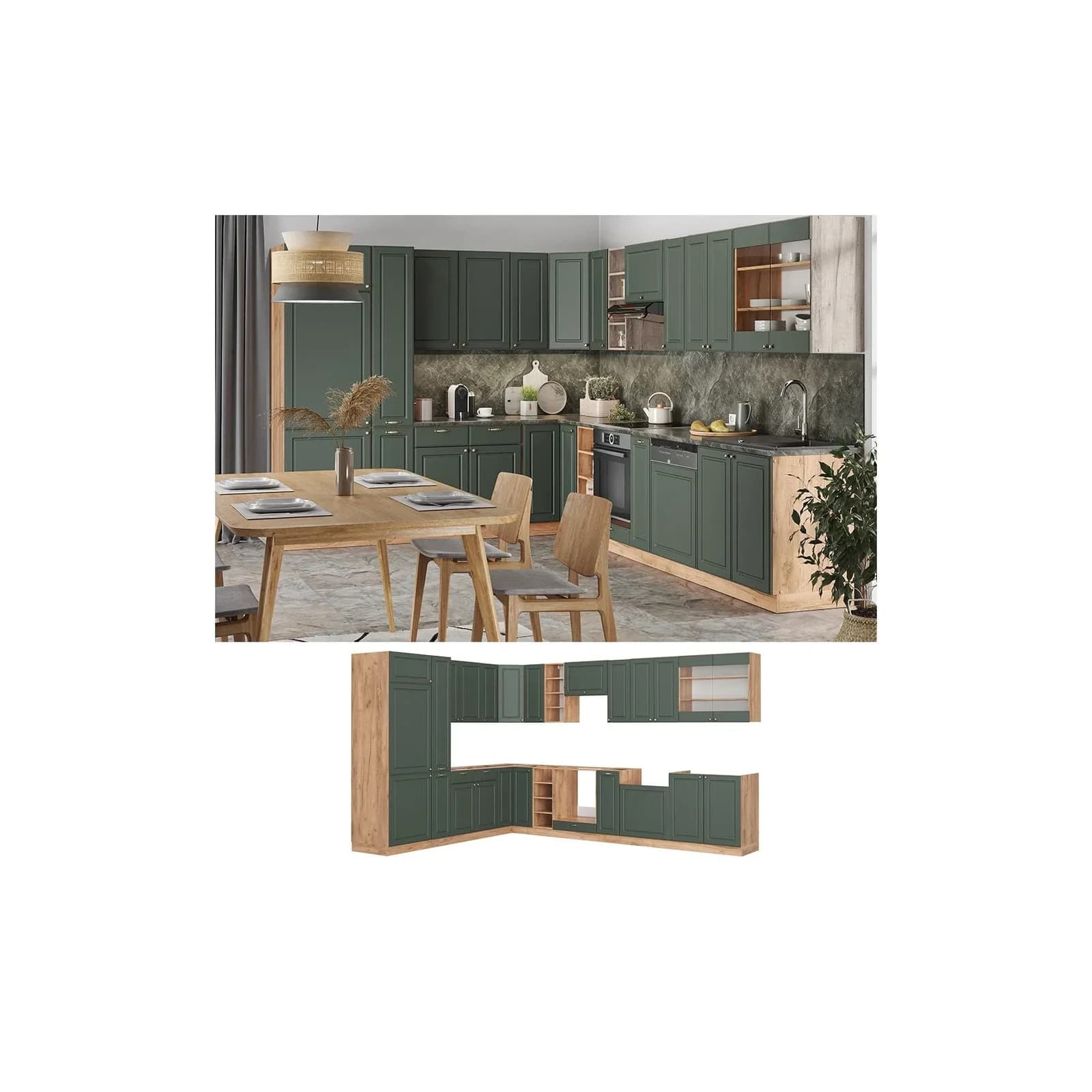 Vicco Eckküche Fame-Line Landhaus Eiche Grün Gold Einbauküche