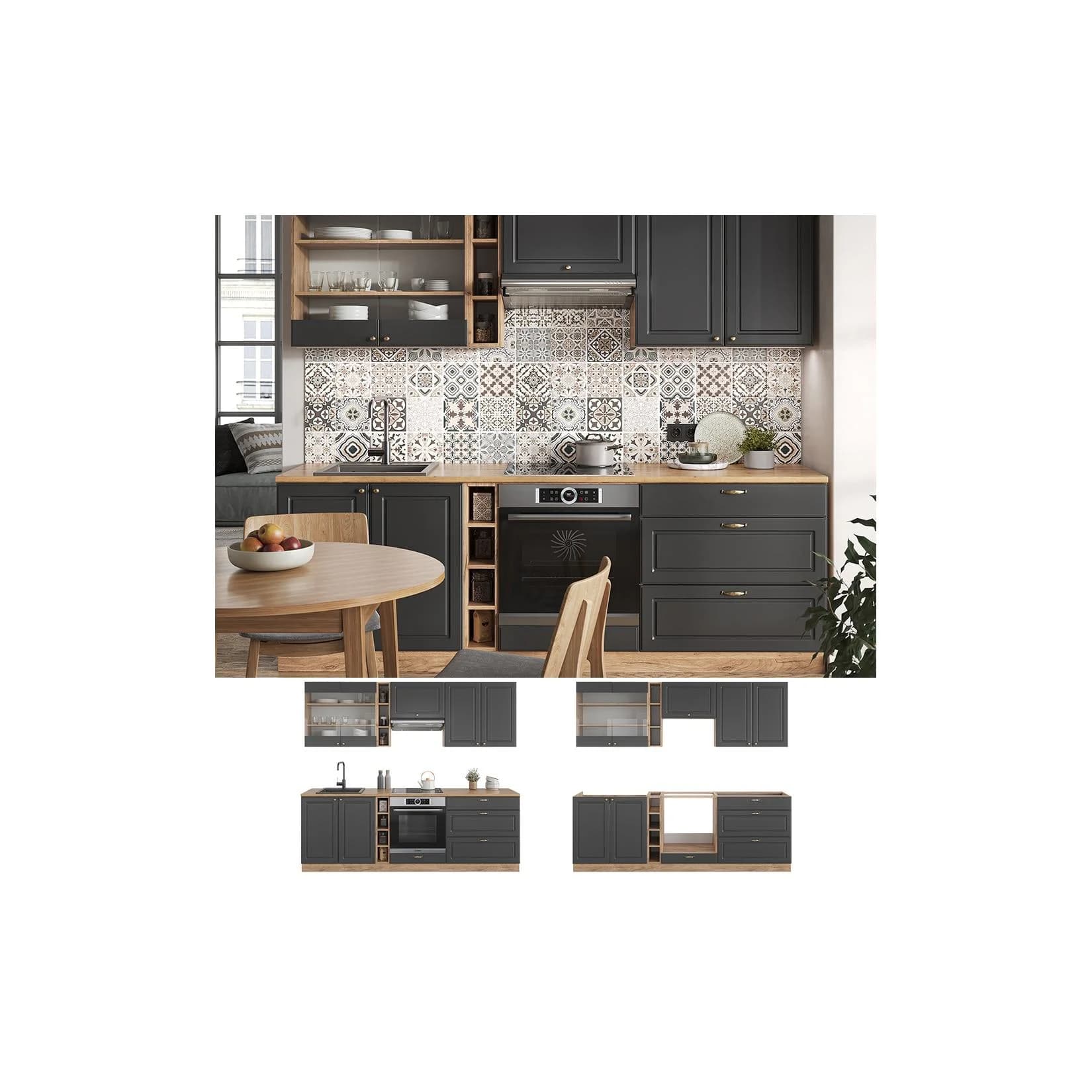 Vicco Küchenzeile Landhaus Eiche Anthrazit 235 cm Gold