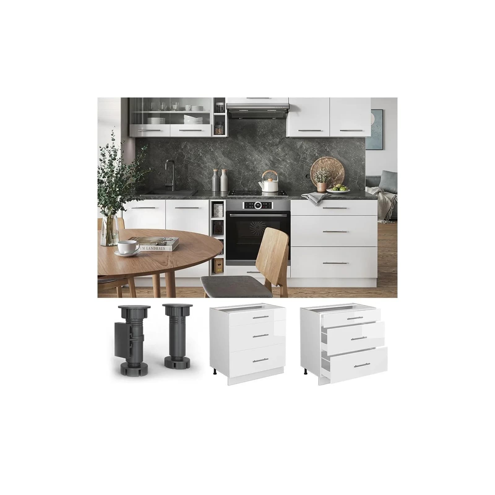 Vicco Schubladenunterschrank Fame-Line Weiß Hochglanz 80 cm