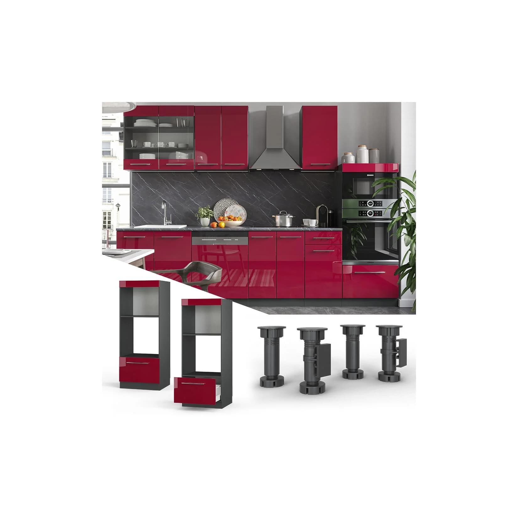 Vicco Mikrowellenumbauschrank Fame-Line Hochglanz Anthrazit Bordeaux Rot