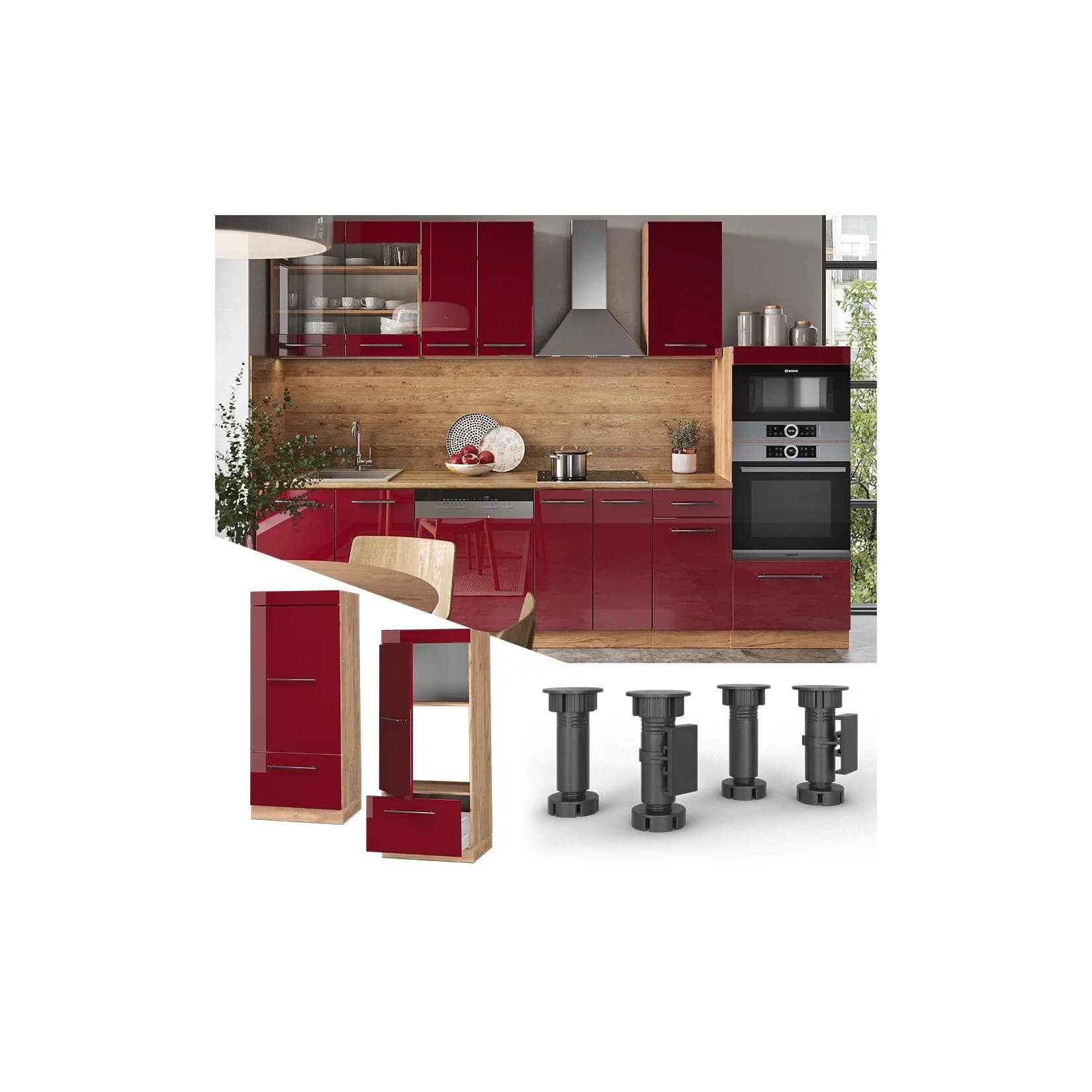 Vicco Mikrowellenumbauschrank Hochglanz Eiche Bordeaux Rot 60 cm