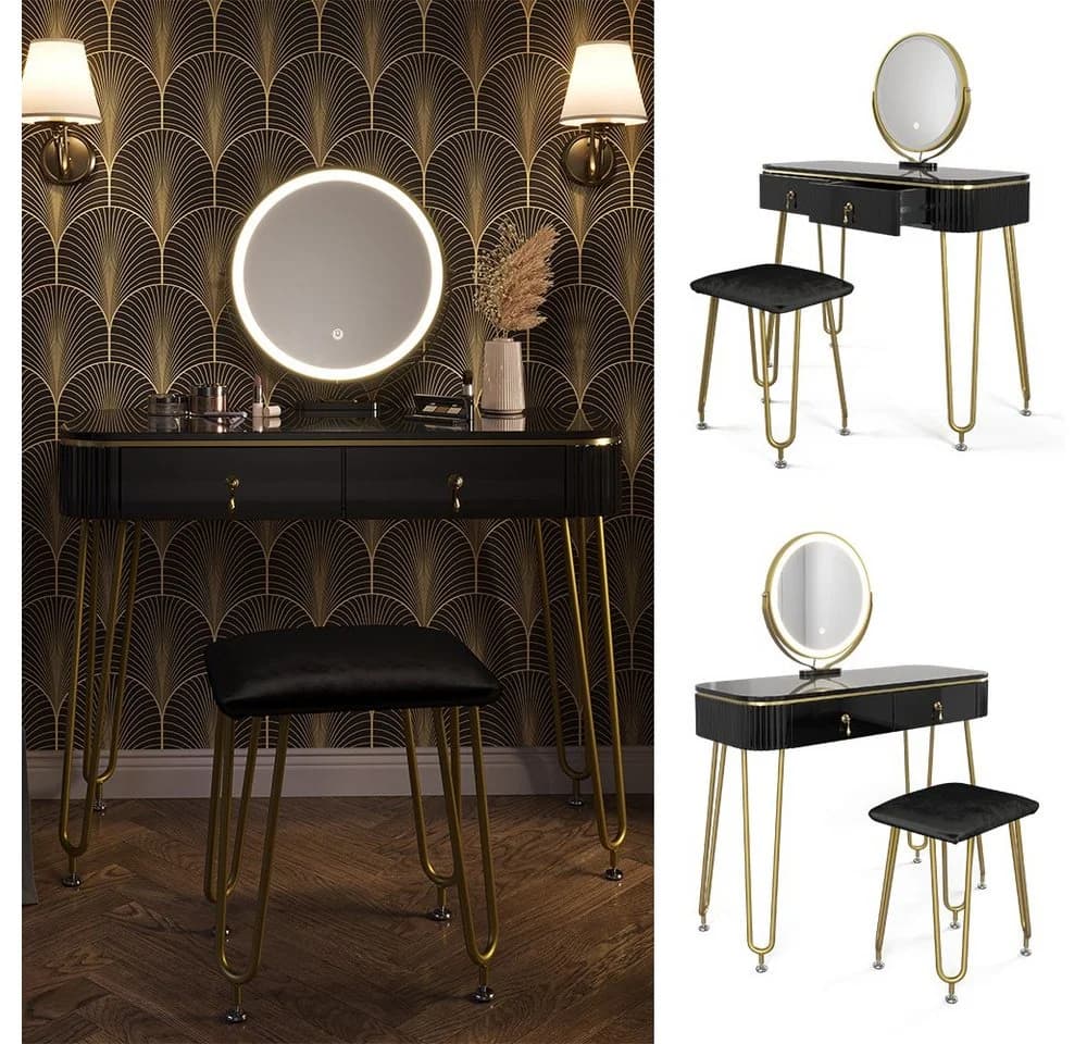 Vicco Schminktisch Grace Schwarz Hochglanz mit LED Spiegel und Hocker - Bild 2