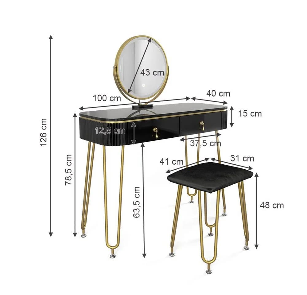 Vicco Schminktisch Grace Schwarz Hochglanz mit LED Spiegel und Hocker - Bild 4