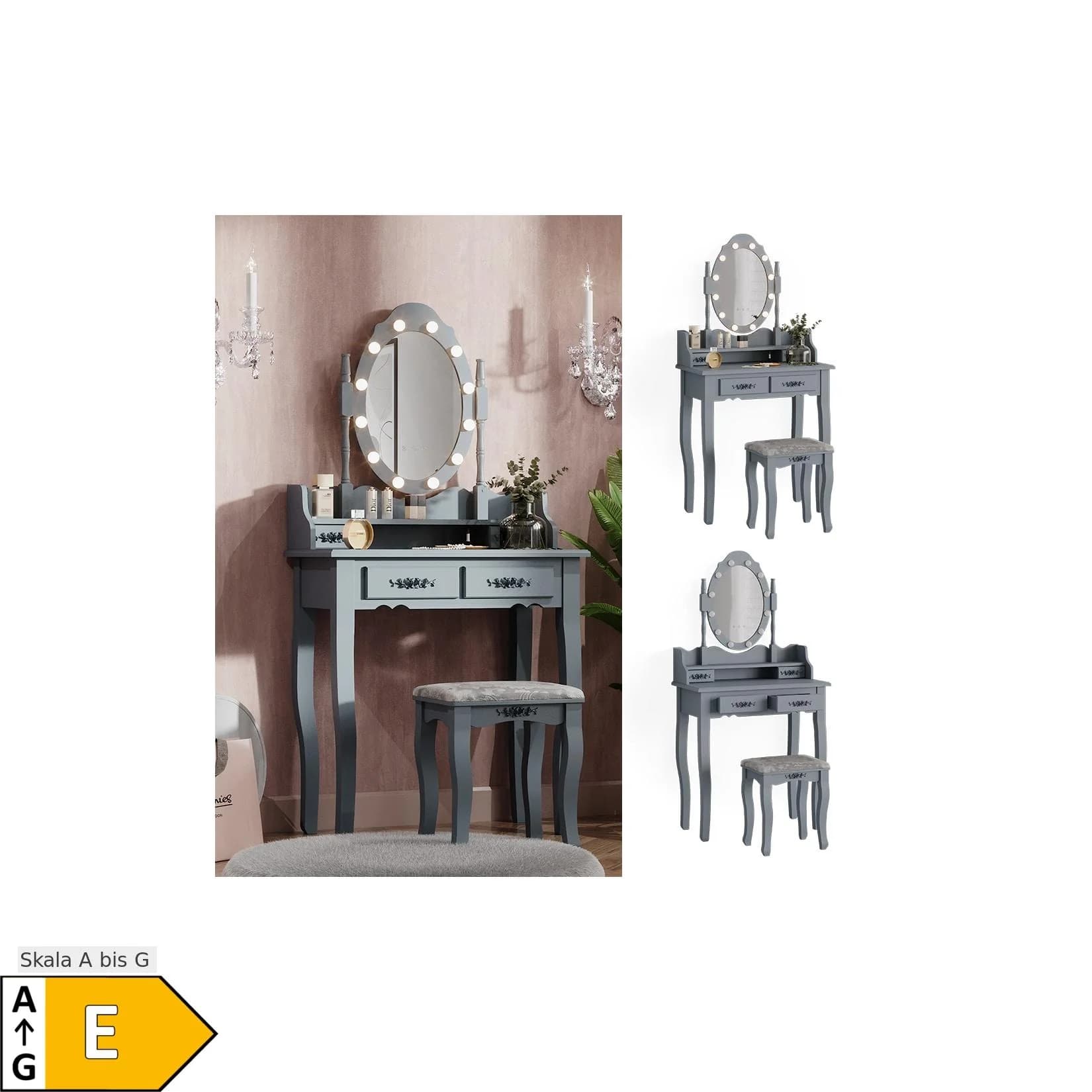 Vicco Schminktisch Maggie Grau mit LED-Beleuchtung & Hocker