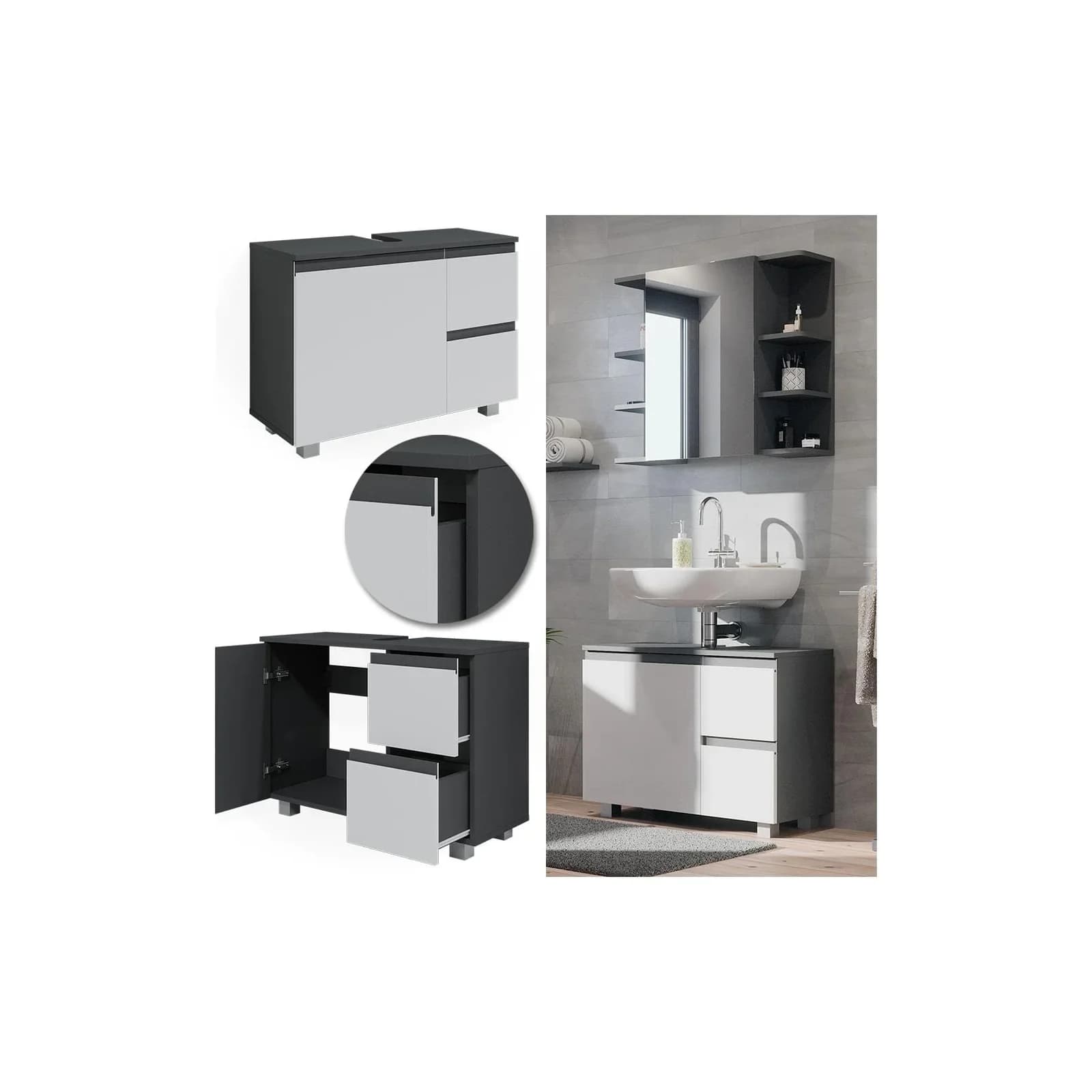 Vicco Waschtischunterschrank J-Shape Modern Anthrazit Weiß