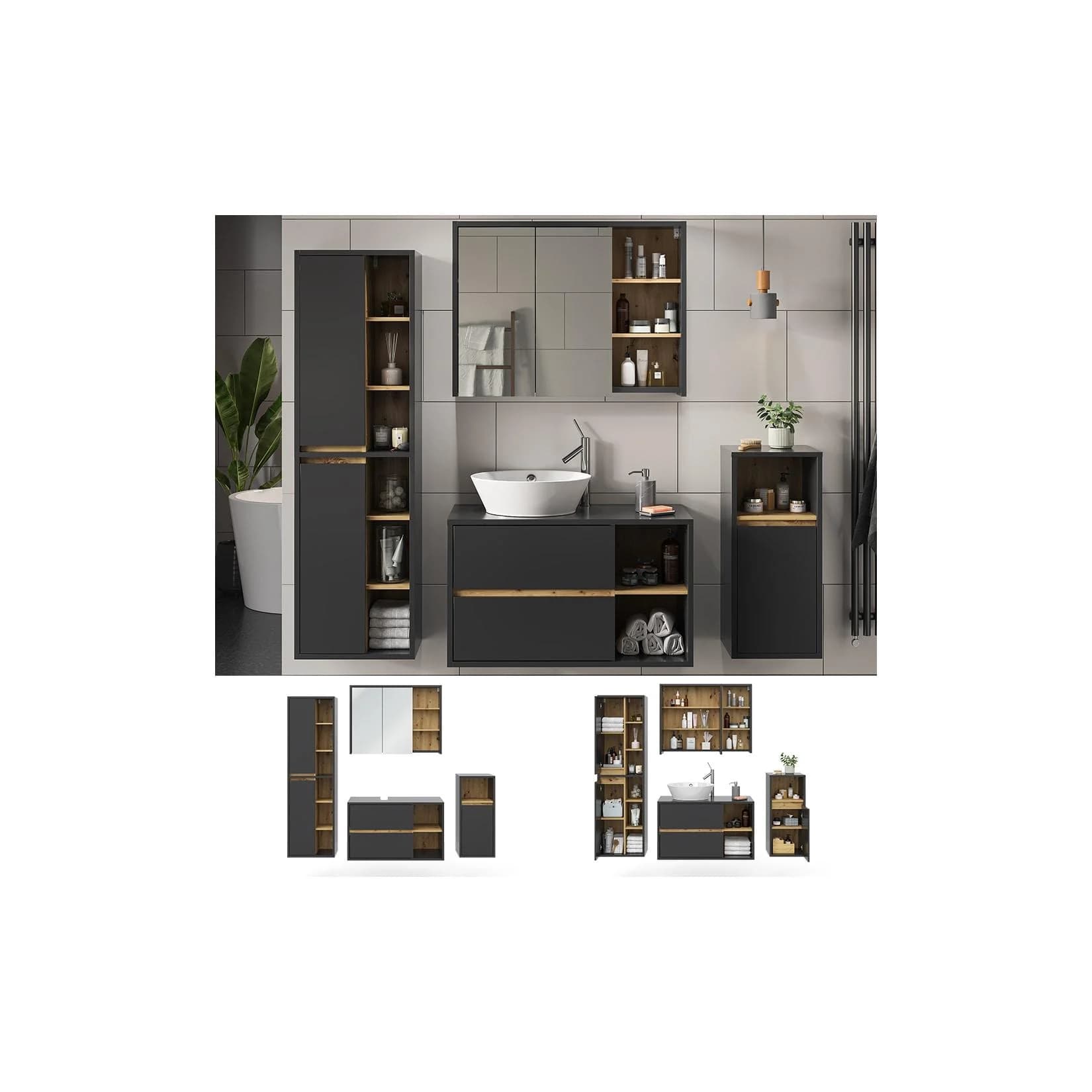 Vicco Badmöbel-Set Viola Anthrazit Eiche Modern Badezimmerschrank