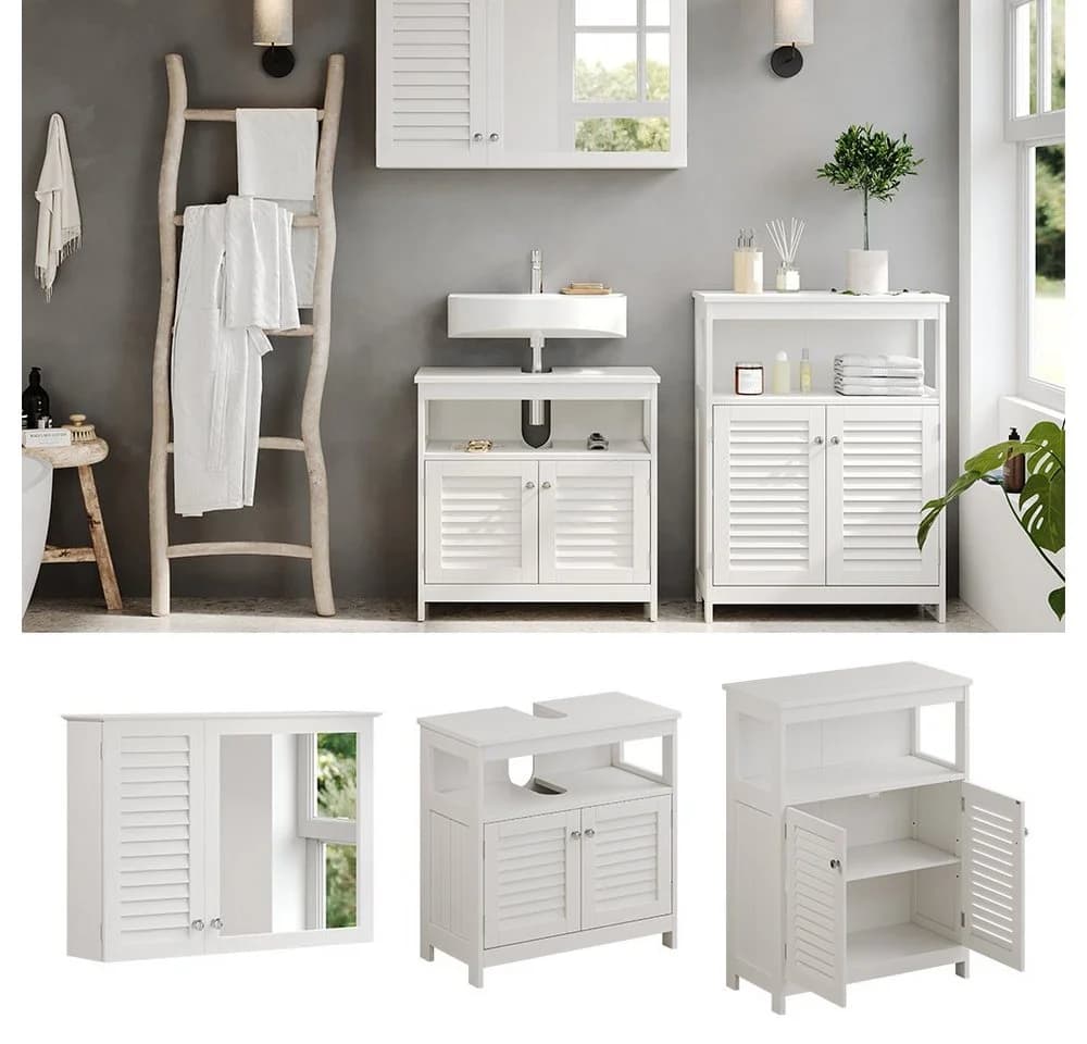 Vicco Badmöbel-Set Riad Weiß 3-teilig mit Lamellen-Front
