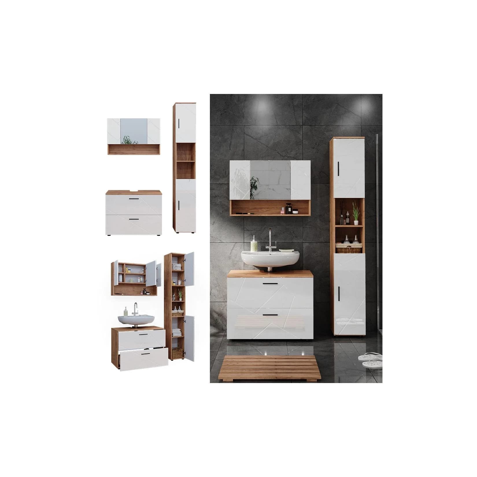 Vicco Badmöbelset Irma Eiche Weiß Hochglanz Modern 80 cm
