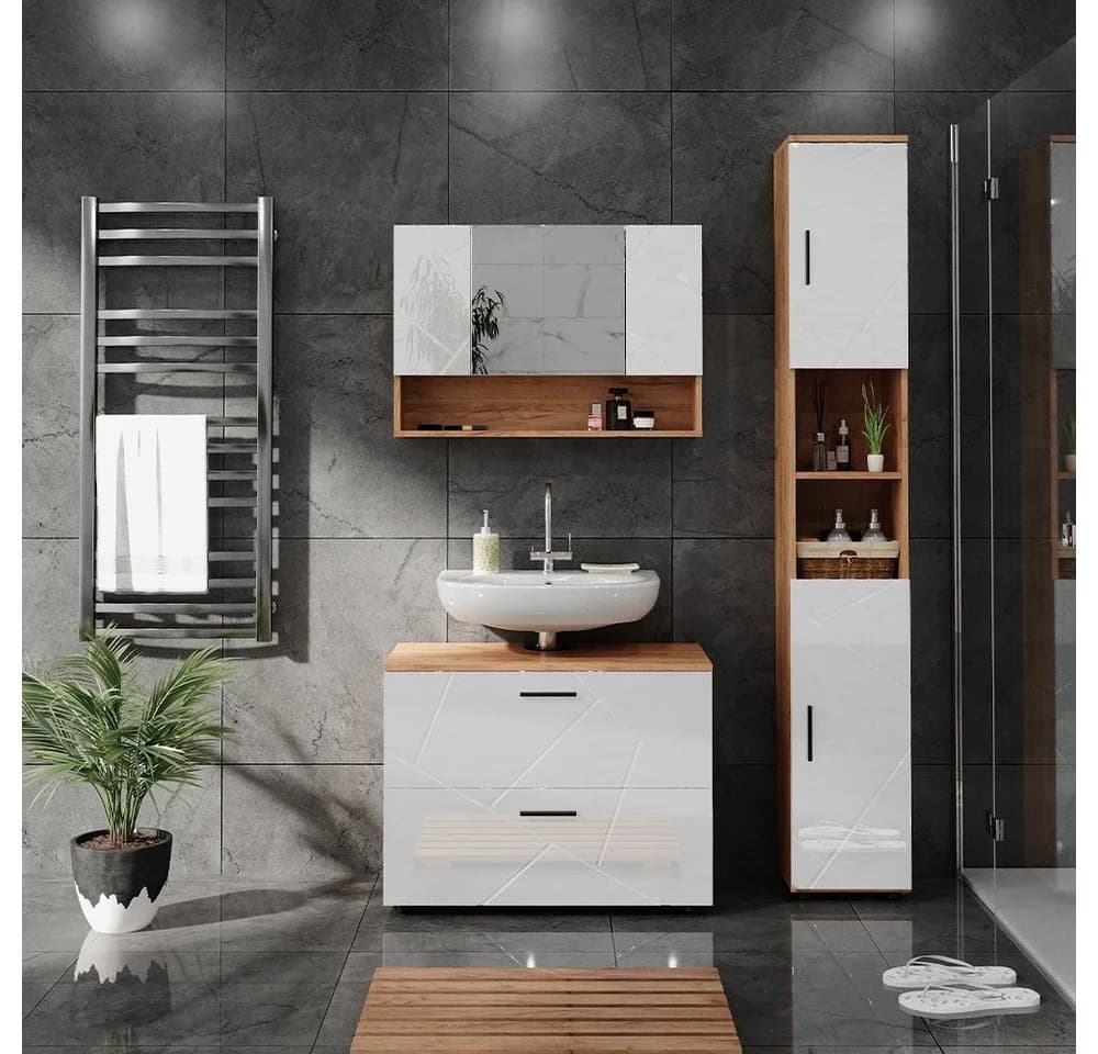 Vicco Badmöbelset Irma Eiche Weiß Hochglanz Modern 80 cm - Bild 5
