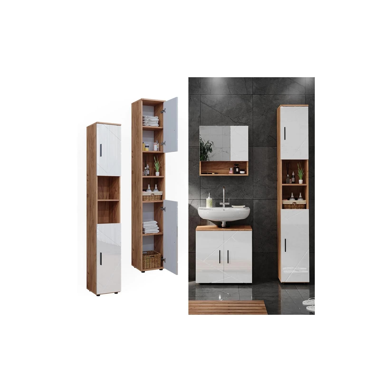 Vicco Hochschrank Irma Eiche/Weiß Hochglanz