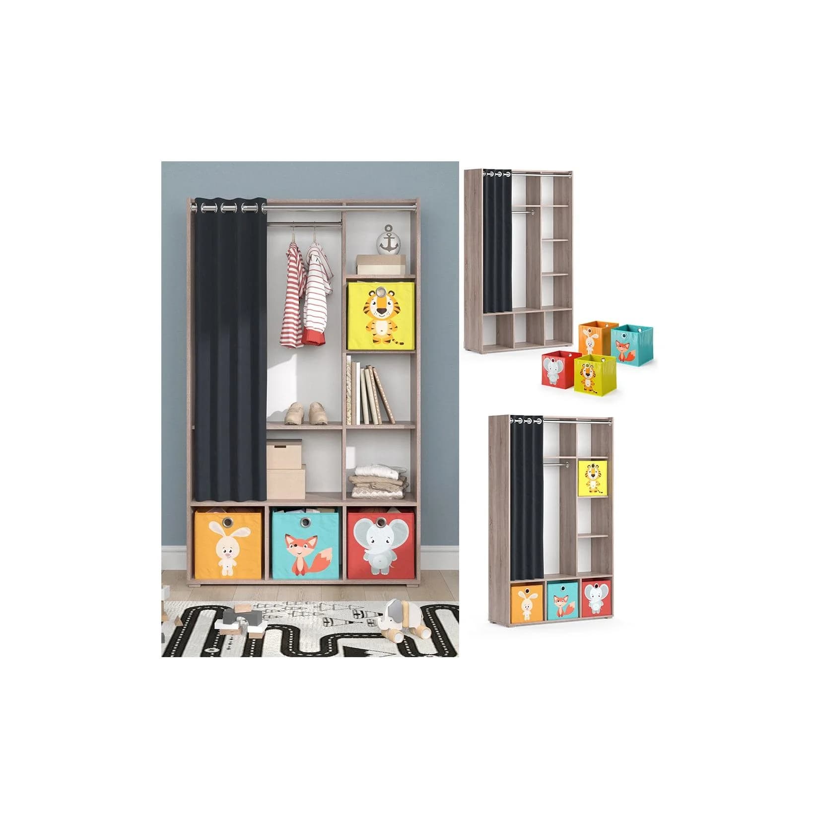 Vicco Kinderkleiderschrank Luigi Sonoma mit Vorhang und Faltboxen