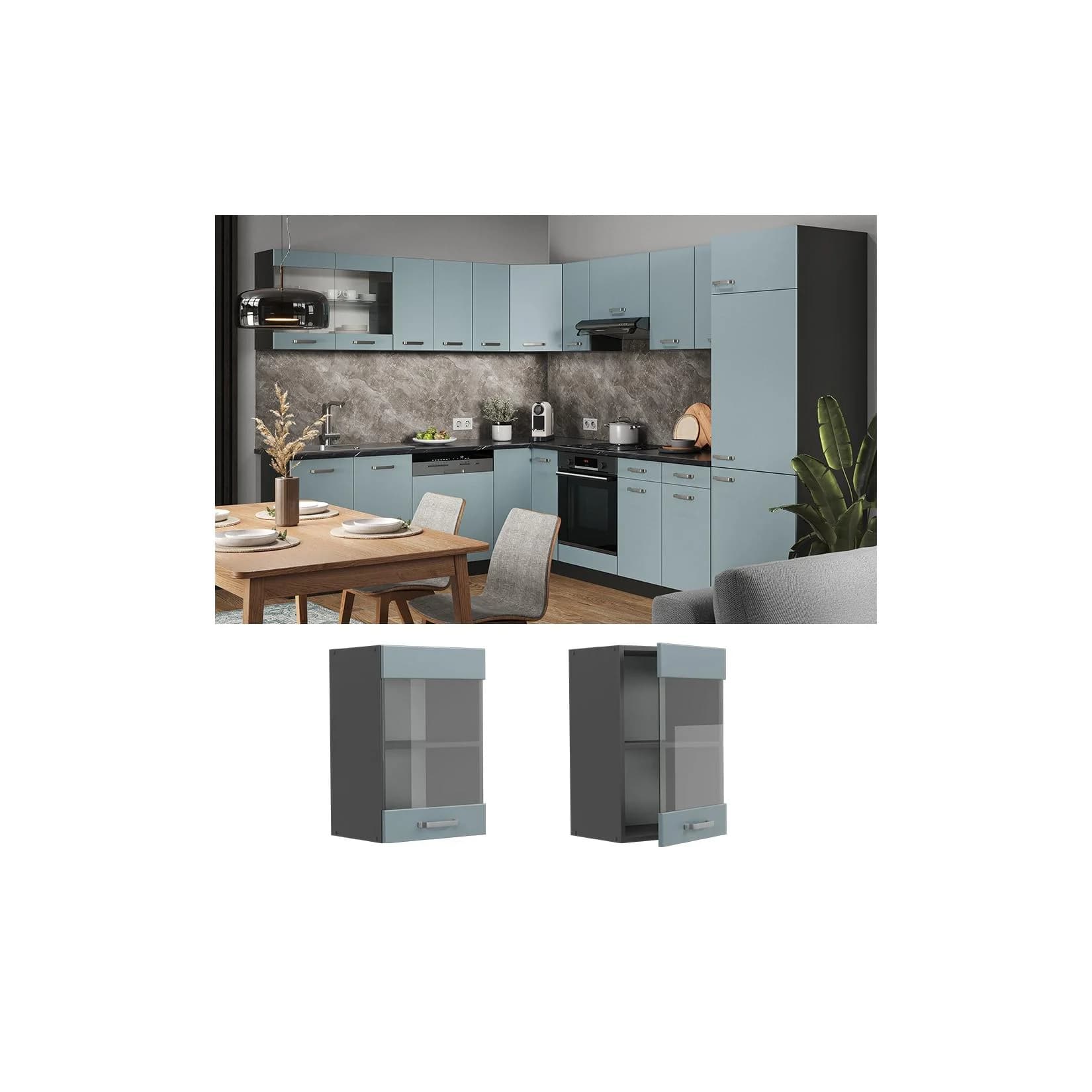 Vicco Glashängeschrank Küchenschrank R-Line Anthrazit Blau Grau 40 cm modern