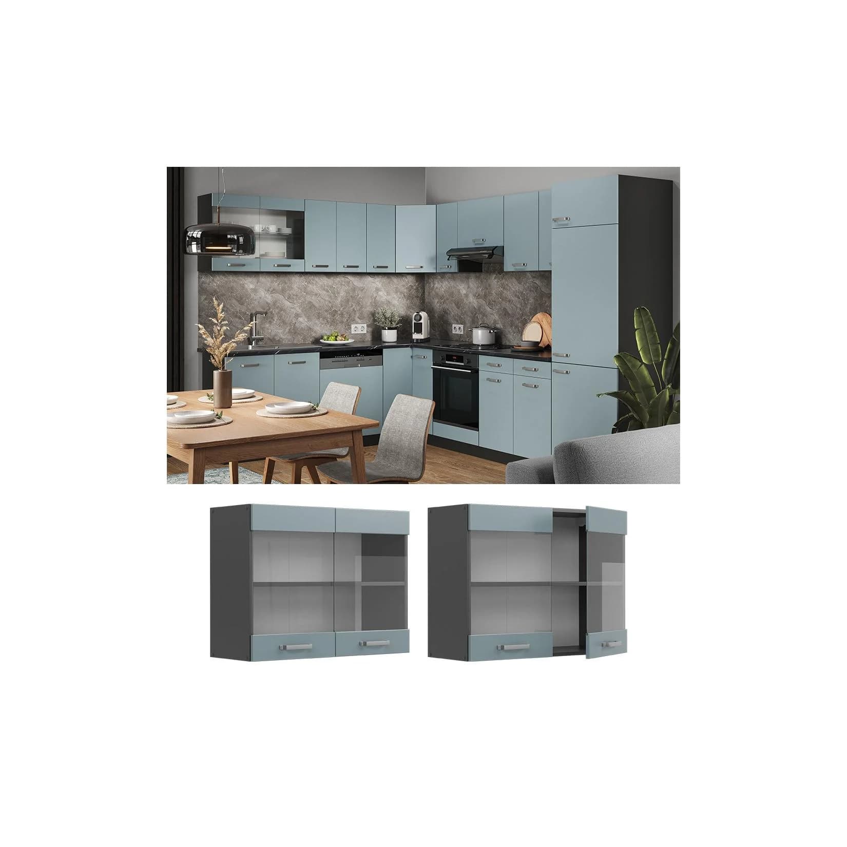 Vicco Glashängeschrank Küchenschrank R-Line Anthrazit Blau Grau 80 cm