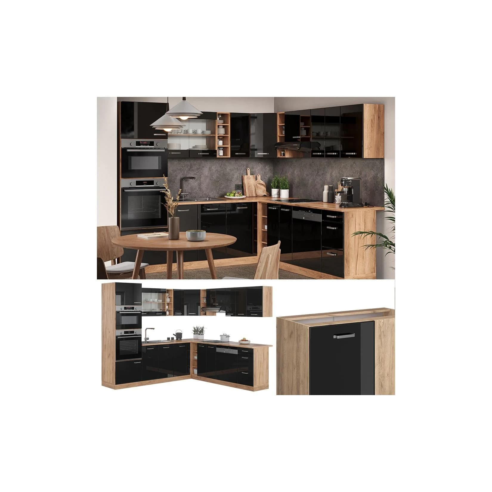 Vicco Eckküche R-Line Solid Eiche Schwarz Modern L-Form