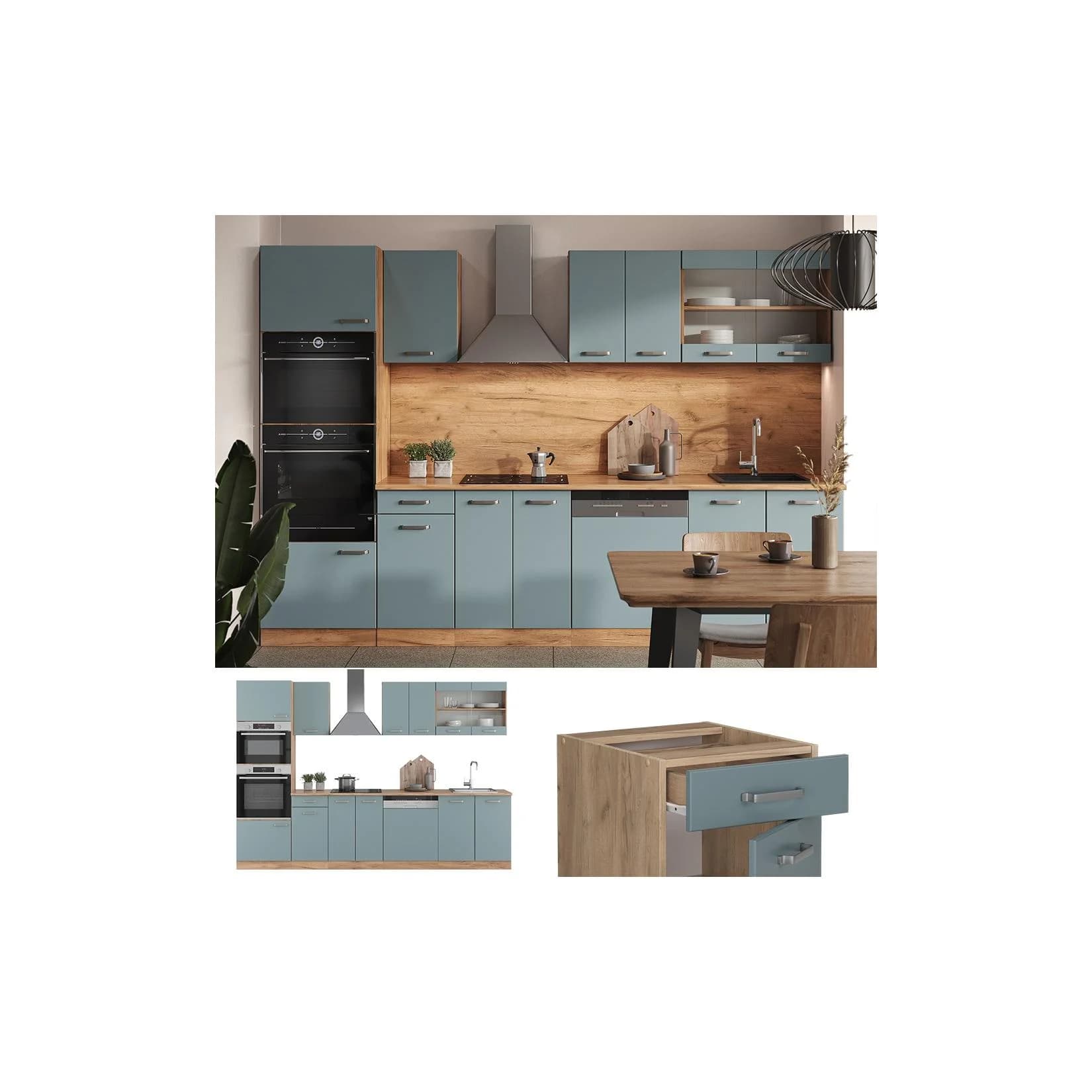VICCO Küchenzeile R-Line Solid Eiche Blau Grau 300 cm modern
