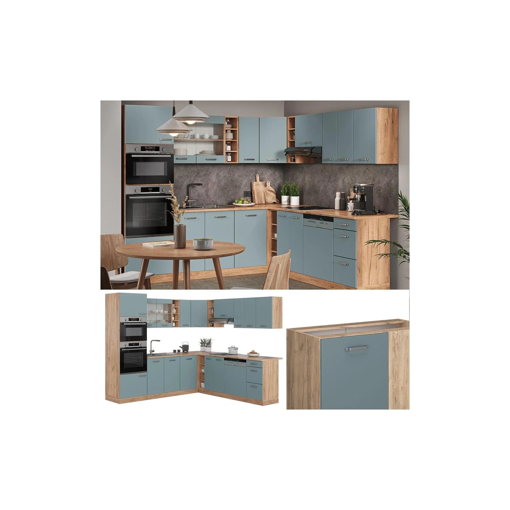 Vicco Eckküche R-Line Solid Eiche Blau Grau Modern