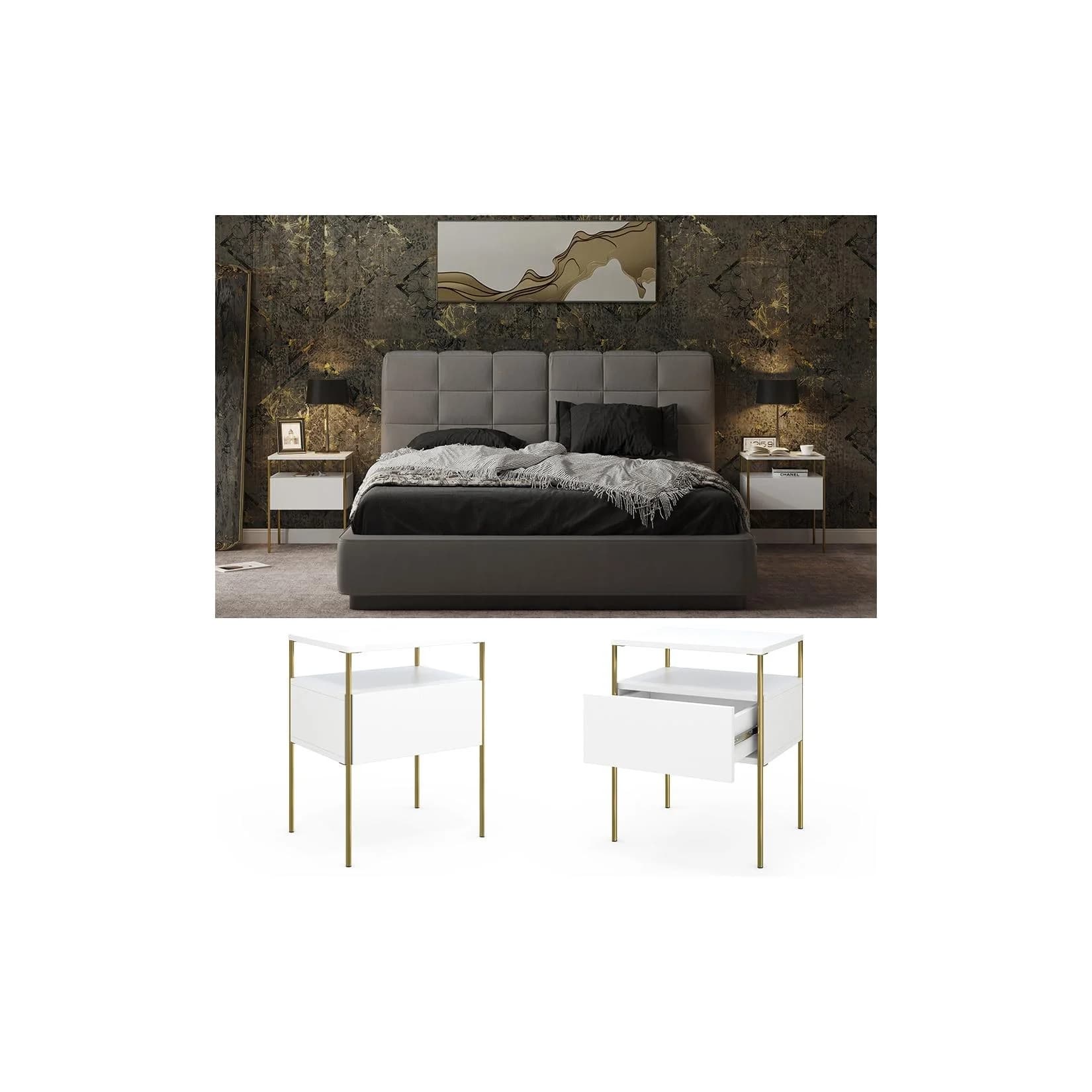Vicco Nachtschrank Mira 2er Set Weiß Gold Modern