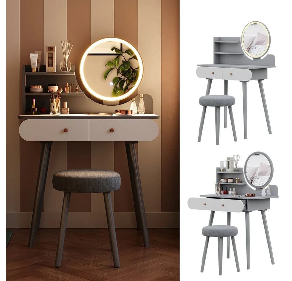 Vicco Schminktisch Edda mit LED-Spiegel und Hocker Grau - Bild 2