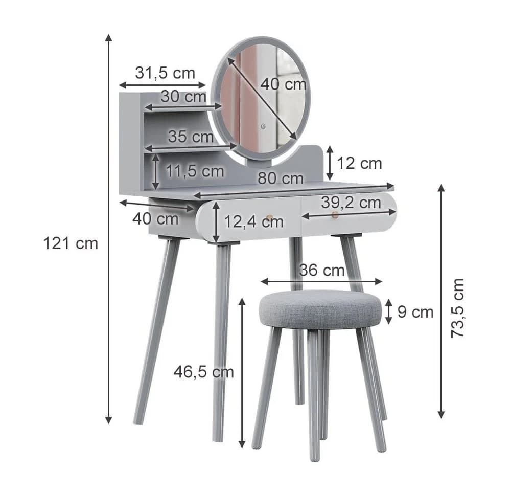 Vicco Schminktisch Edda mit LED-Spiegel und Hocker Grau - Bild 4