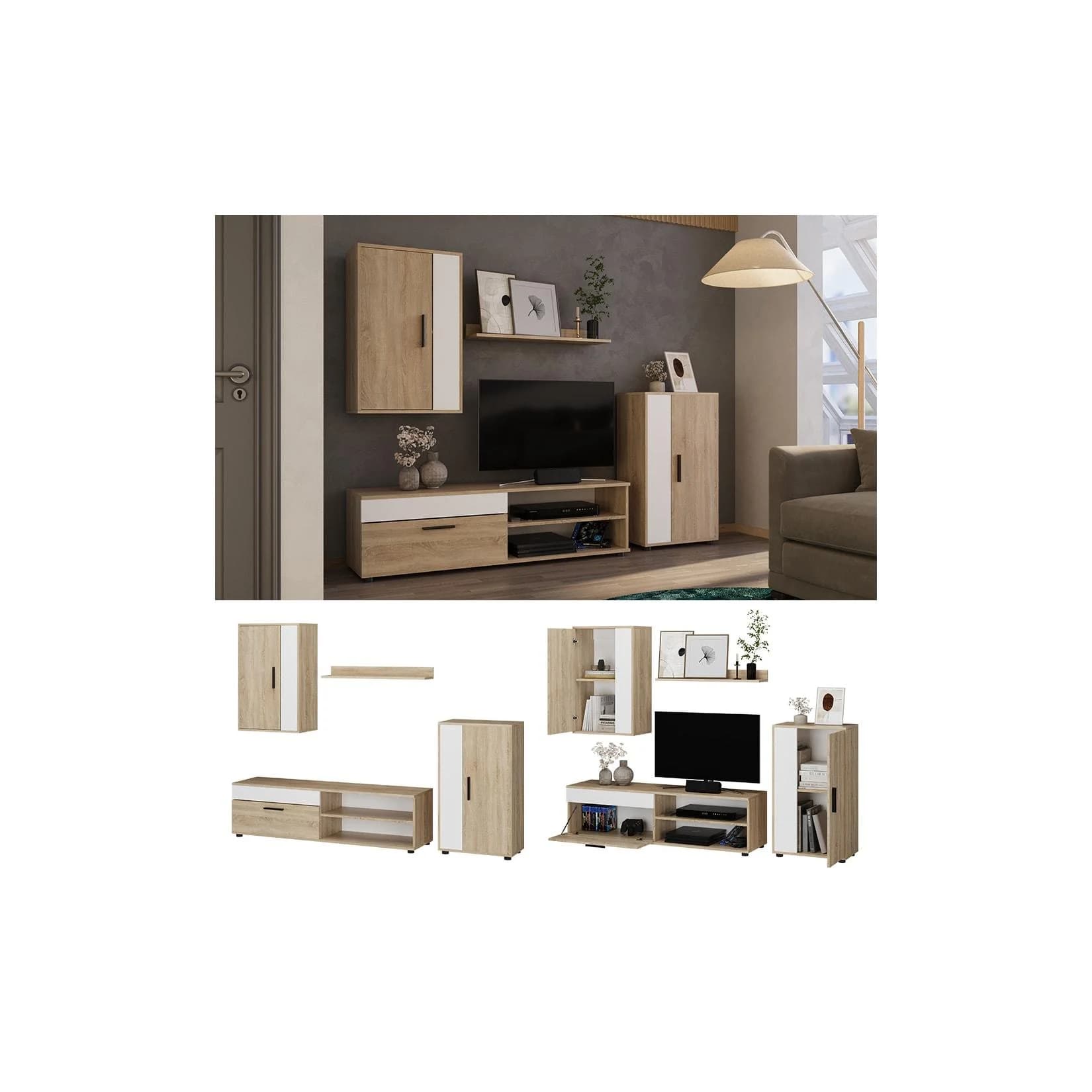Vicco Wohnwand Berno 4er-Set Sonoma/Weiß Wohnzimmerschrank