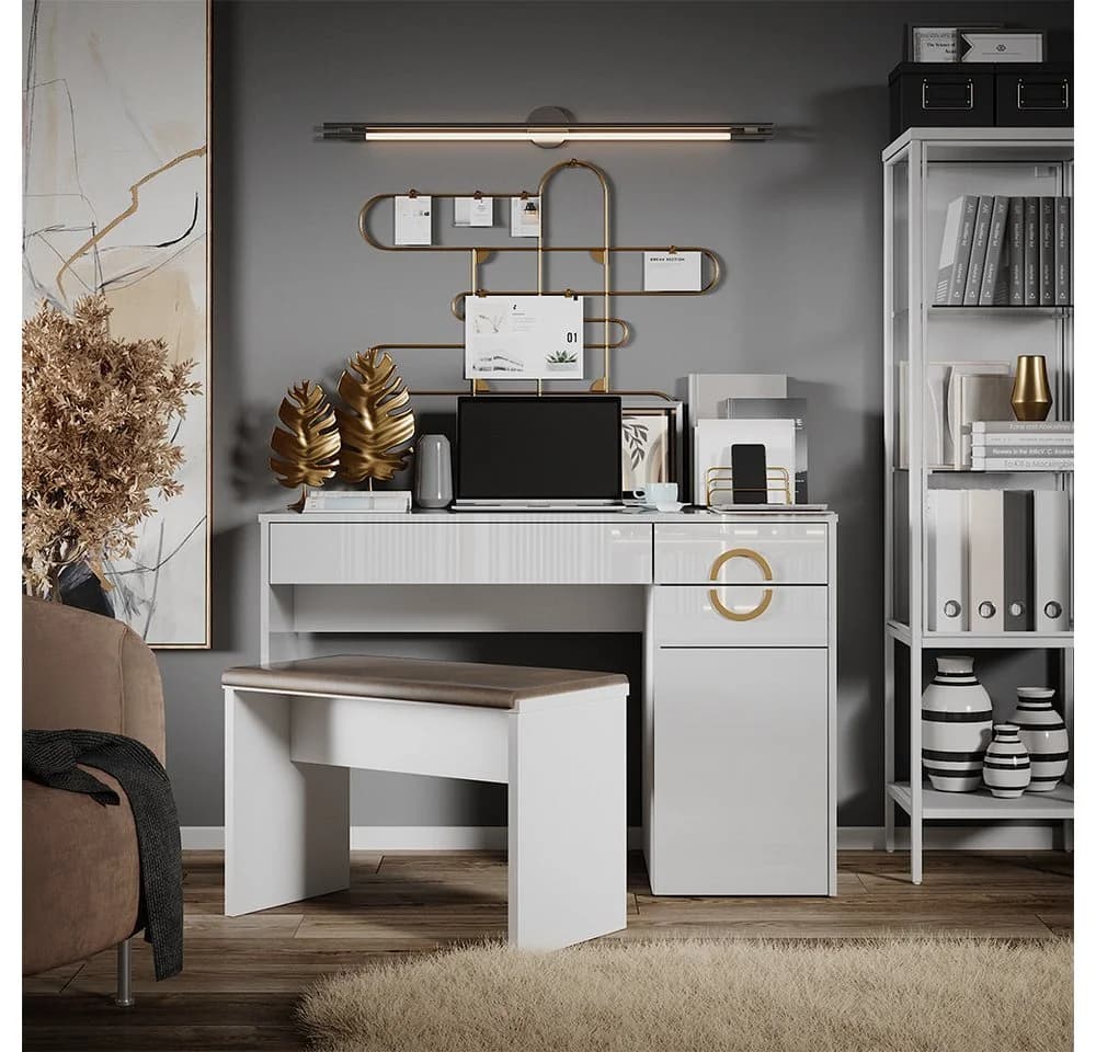 Vicco Schreibtisch Adela Weiß Hochglanz 115x55cm mit 3 Schubladen - Bild 2
