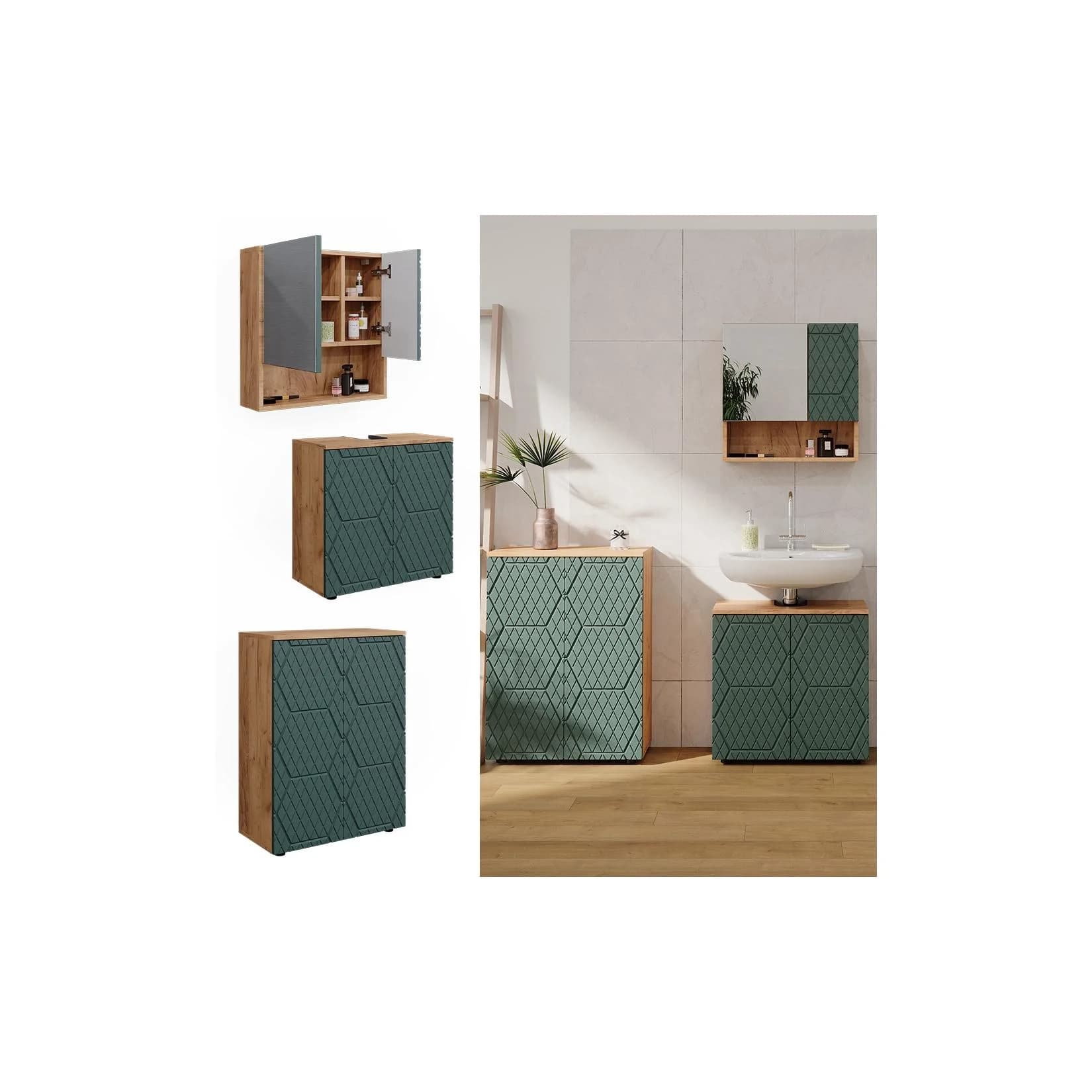 Vicco Badmöbel-Set Irma 3-teilig Goldkraft Eiche Grün